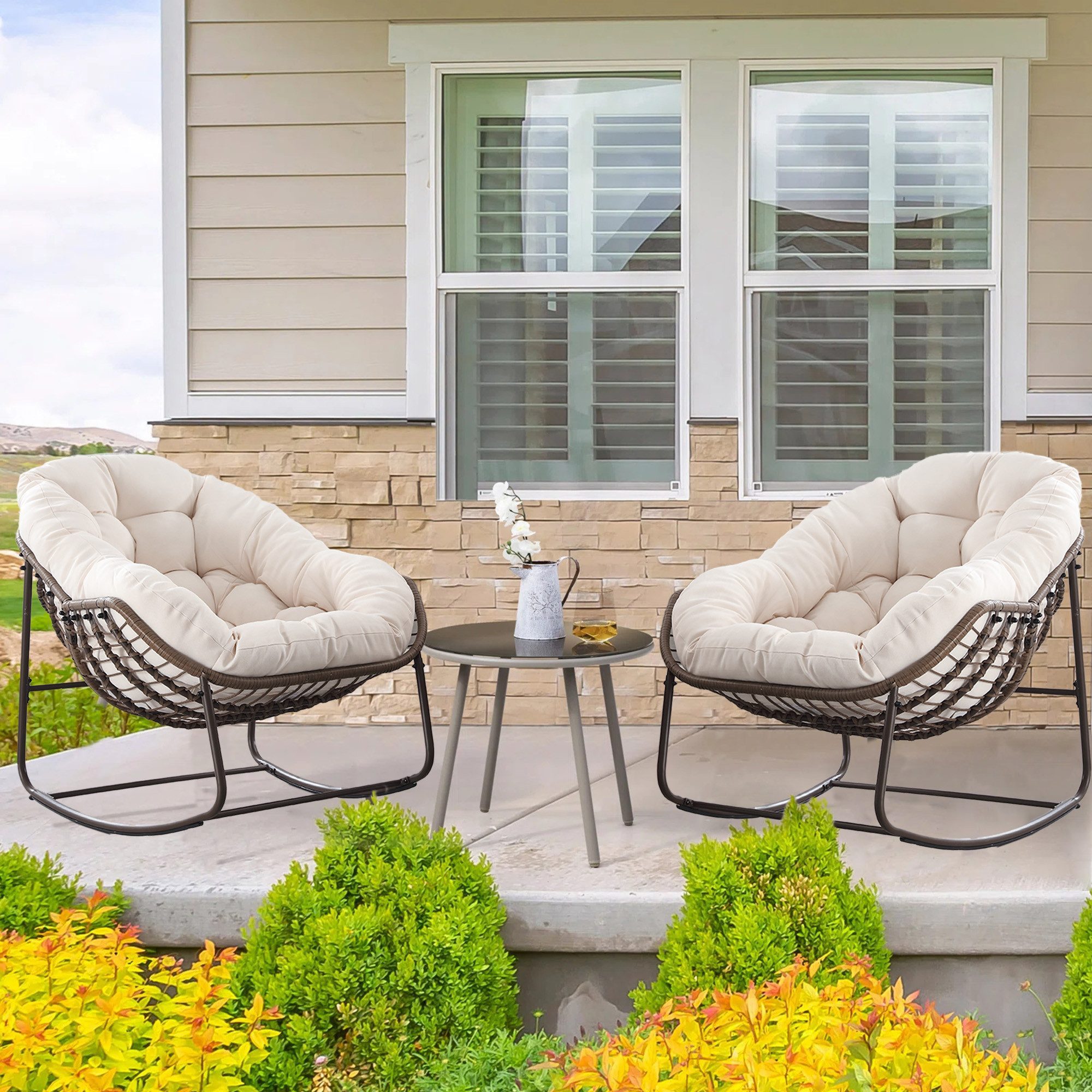 LVHOM Schaukelstuhl mit gepolstertem Kissen, Rattanstuhl mit Stahlrahmen, L günstig online kaufen