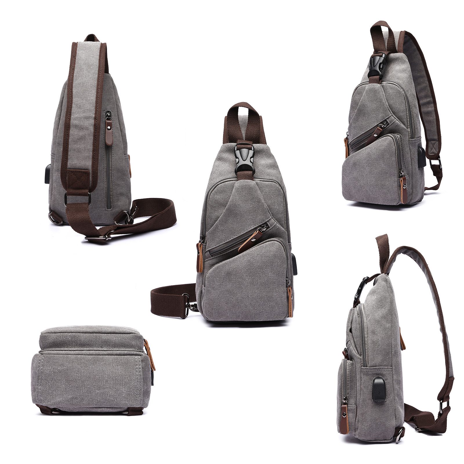 TAN.TOMI Umhängetasche Brusttasche Herren, Schultertasche Herren und Damen mit USB-Aufladung, Brusttasche, Canvas Brusttasche mit Verstellbaren Schultergurten