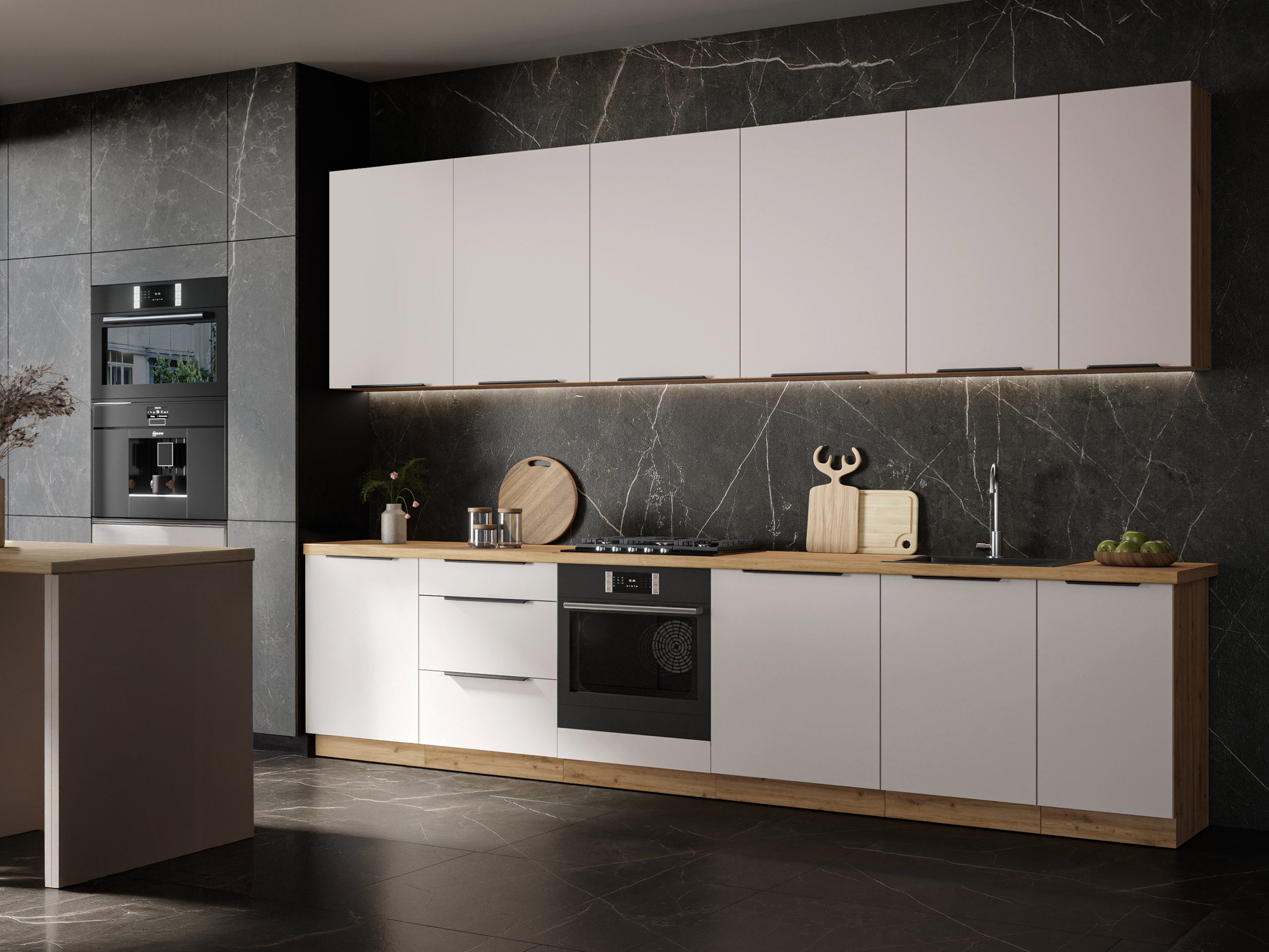 MIRJAN24 Küchenzeile Solea II, (Komplett-Set), Breite: 330 cm, Metallgriffe in der Farbe Schwarz