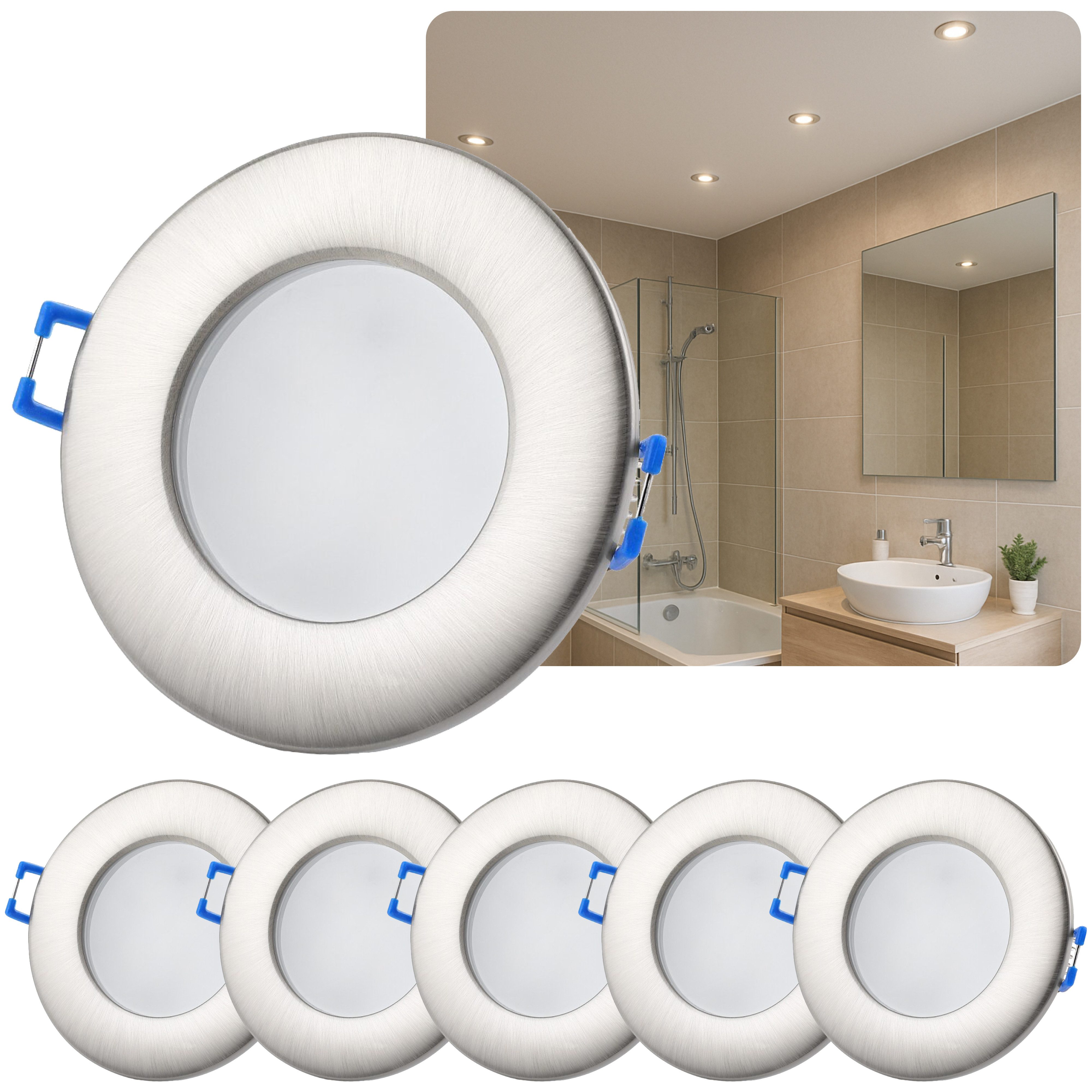 Sweet LED LED Einbaustrahler 5er Set flach IP44 für Bad & Küche 6,5W 230V, LED fest integriert, 3000K - warmweiß, Deckenspots, Deckenstrahler, Einbauleuchten