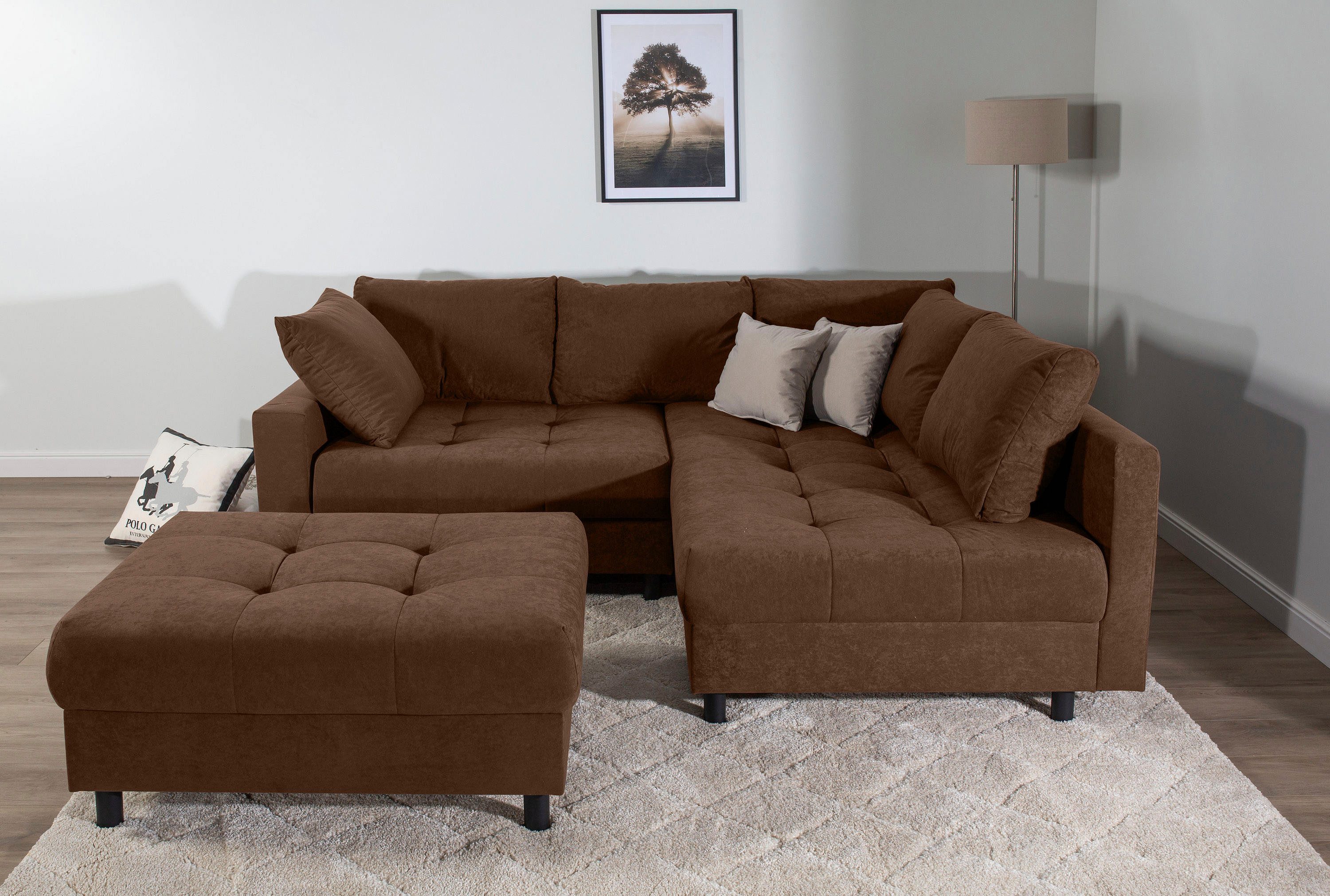COLLECTION AB Ecksofa Toni L-Form, B: 215 cm, XXL-Liegefläche 178x190 cm mit Hocker, Set: Sofa & Hocker, 2 Zierkissen, Federkern, frei stellbar