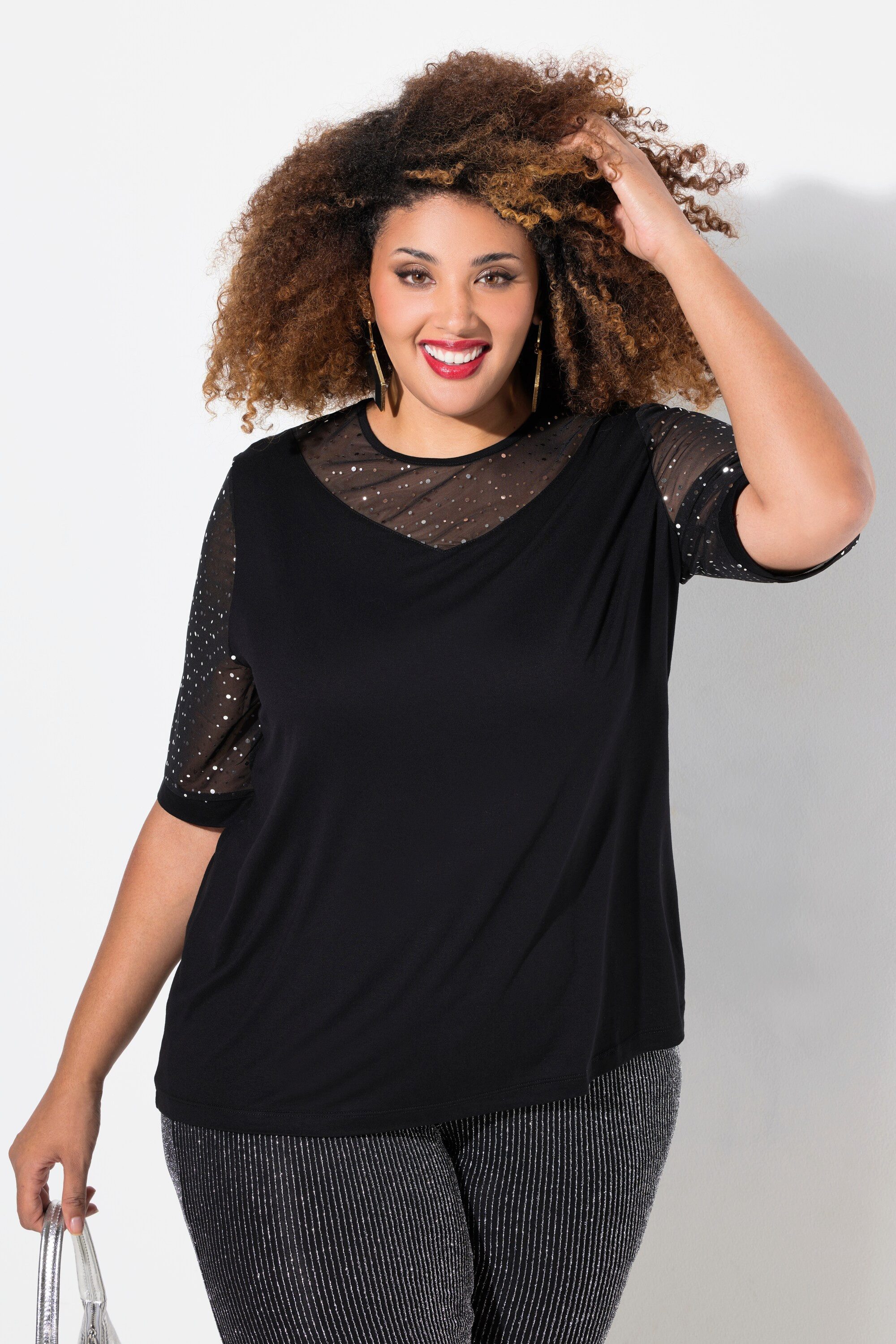 Ulla Popken T-Shirt T-Shirt Classic Fit Mesh mit Pailletten