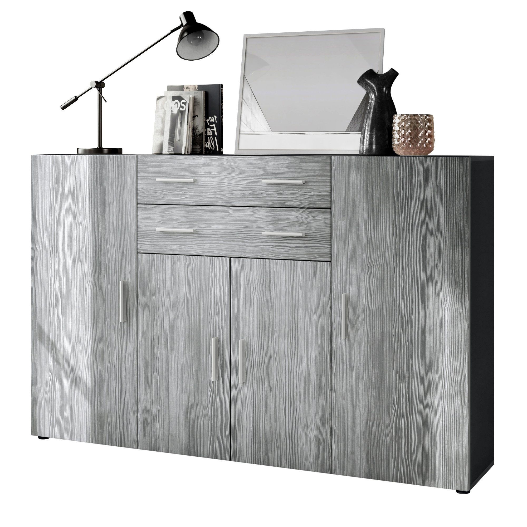 Vladon Highboard Aron (Anrichte, mit 4 Türen und 2 Schubladen), Anthrazit matt/Avola-Anthrazit (166,5 x 106,5 x 35 cm)