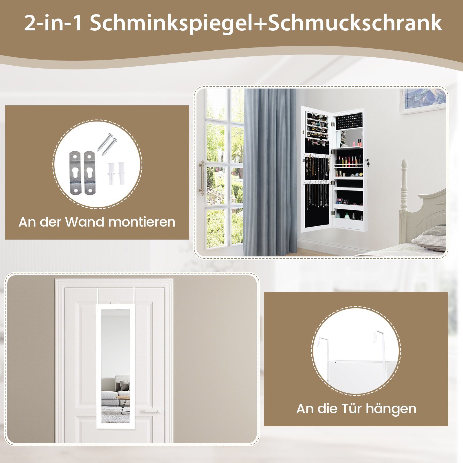 COSTWAY Schmuckschrank mit Spiegel,abschließbar,Tür-/Wandmontage, 37x120cm