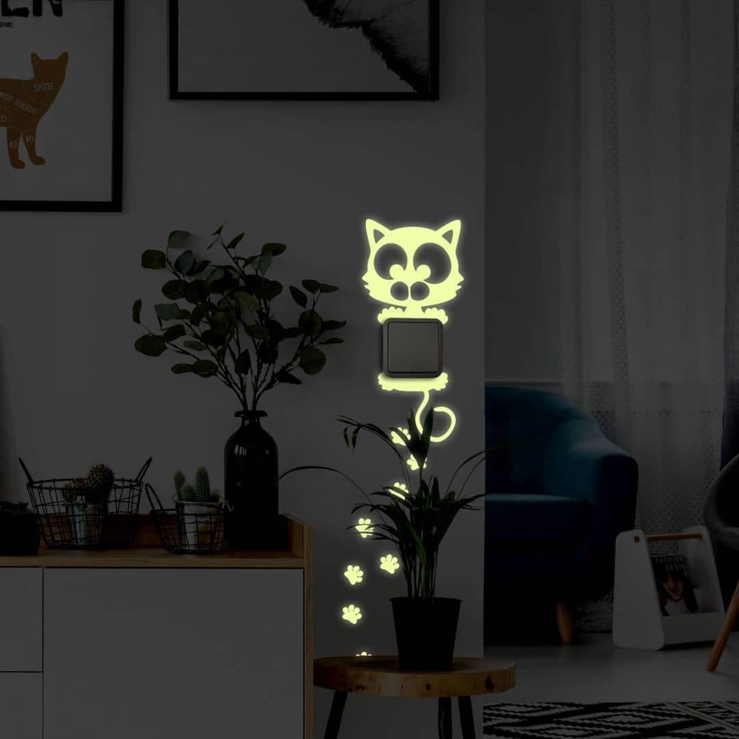 K&L Wall Art Wandtattoo Lichtschalter Katze Leuchtsticker Gelb 20x20cm selbstklebend, Kinderzimmer Leuchtbild