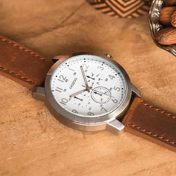 OOZOO Quarzuhr Oozoo Unisex Armbanduhr Timepieces Analog, (Analoguhr), Damen, Herrenuhr rund, groß (ca. 45mm), Lederarmband braun, Fashion