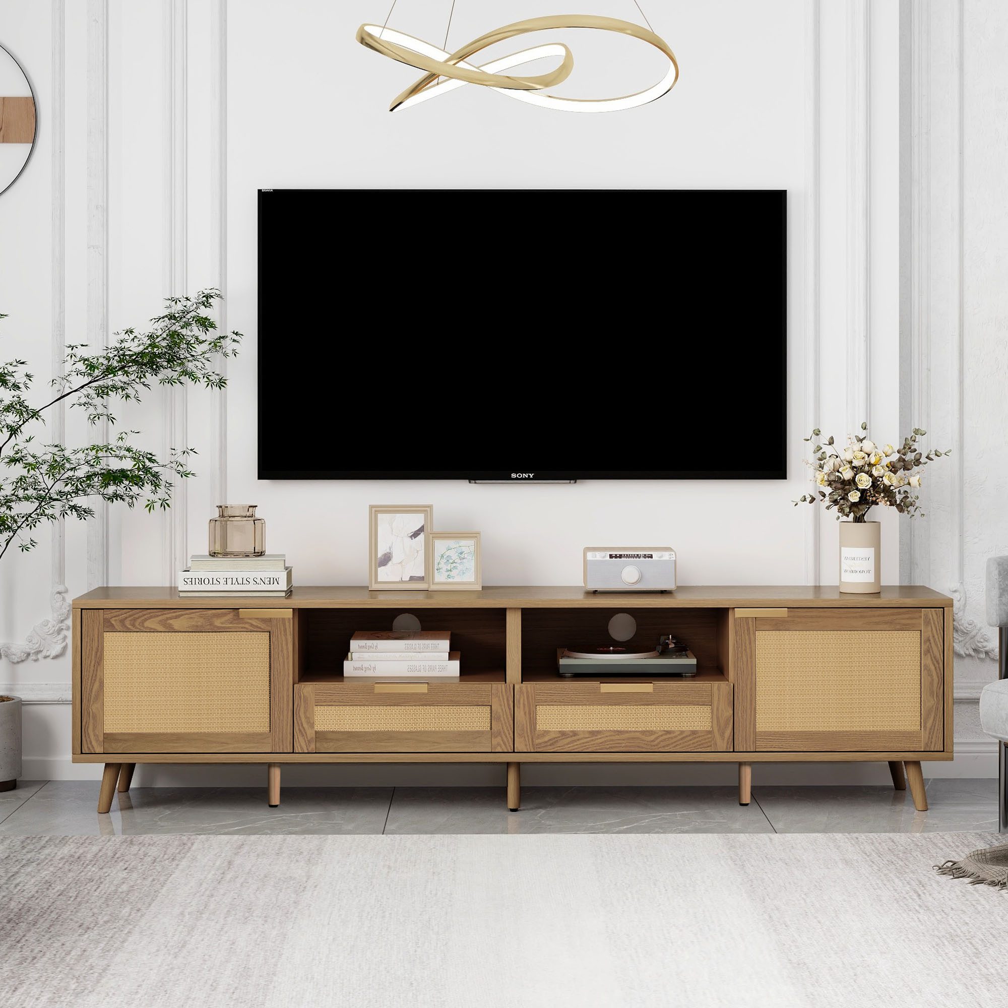 Celya TV-Schrank TV-Konsolentisch 200×37×49 cm, Kunststoff Rattan Design (Massivholz Füße TV-Ständer) Geflochtener Rattan-TV-Boards
