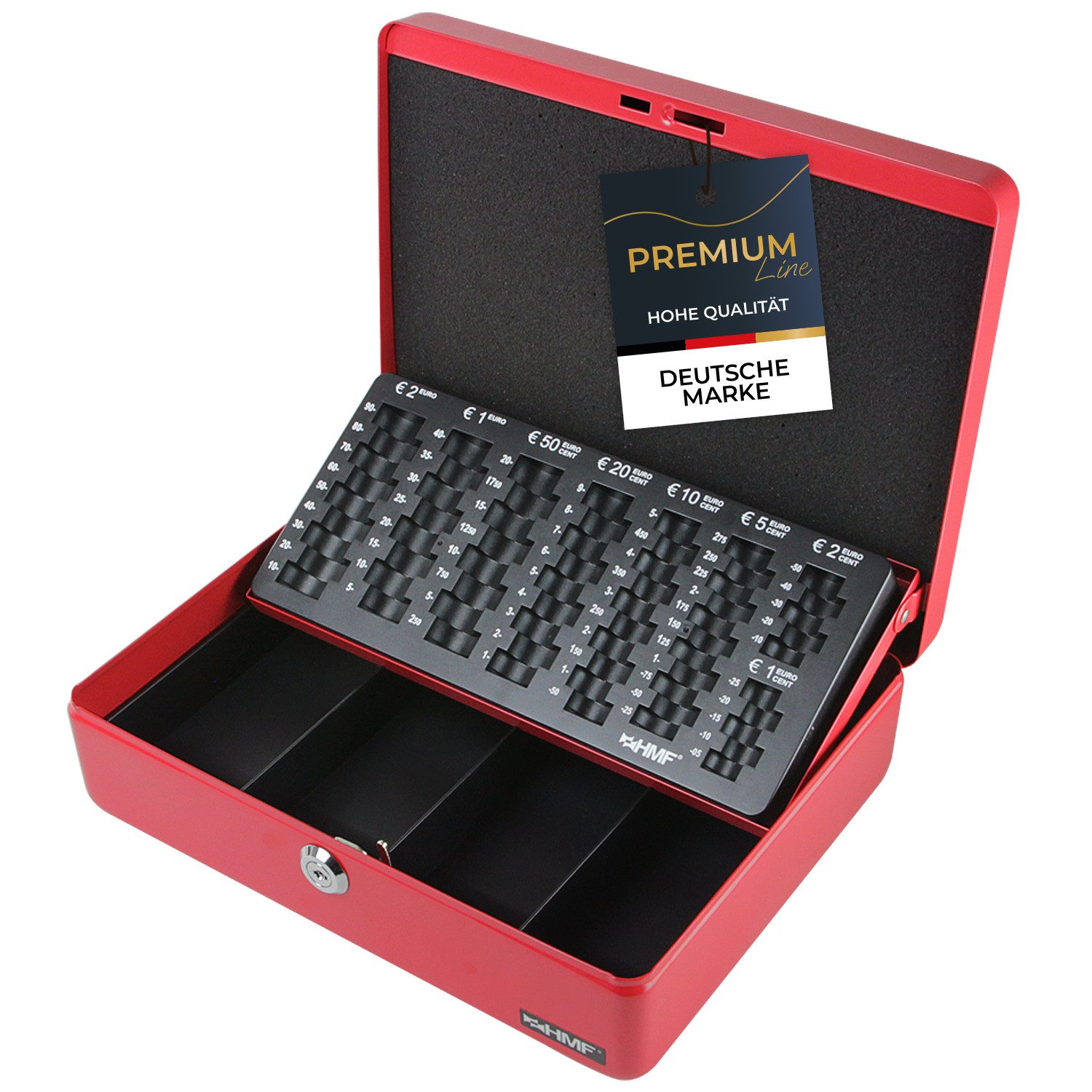 HMF Geldkassette abschließbare Bargeldkasse mit EURO-Münzzählbrett und Scheinfach, hochwertige Geldzählkassette mit Schlüssel, 30 x 24 x 9 cm, rot