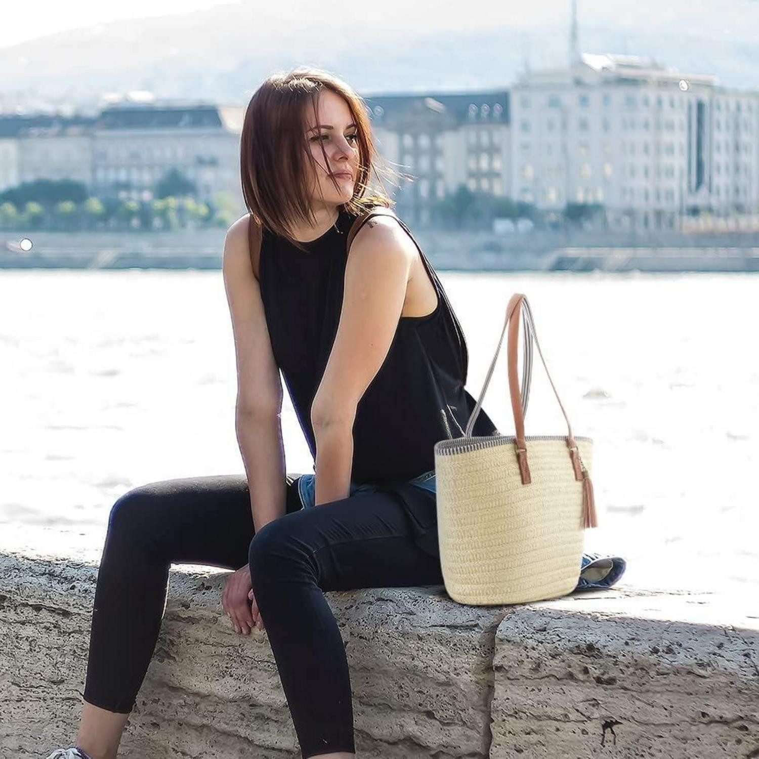 LuxusKollektion Strandtasche Stroh Handtasche Damen Sommer Tasche Umhängetasche Boho Stil Strand