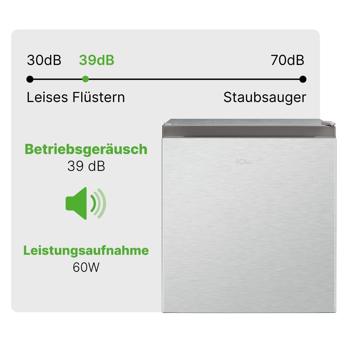 breit, cm 44.5 edelstahloptik Kühlbox Gefrierfach cm m. 7245, 50 Mini BOMANN KB 45L hoch, leise Kühlschrank Kühlschrank