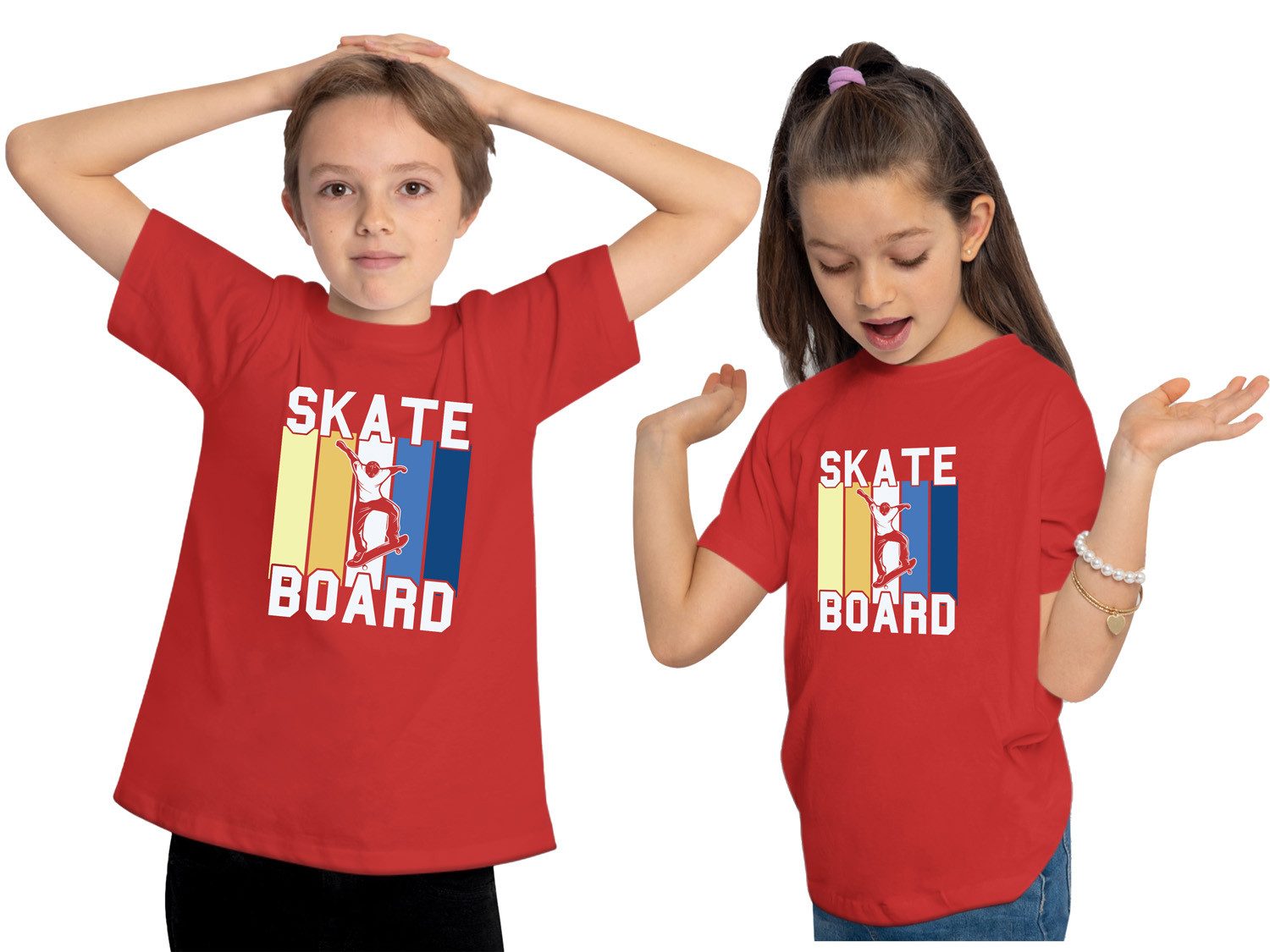 MyDesign24 T-Shirt Kinder Print Shirt - Springender Skater mit Skateboard Schriftzug Bedrucktes Jungen und Mädchen Skater T-Shirt i522
