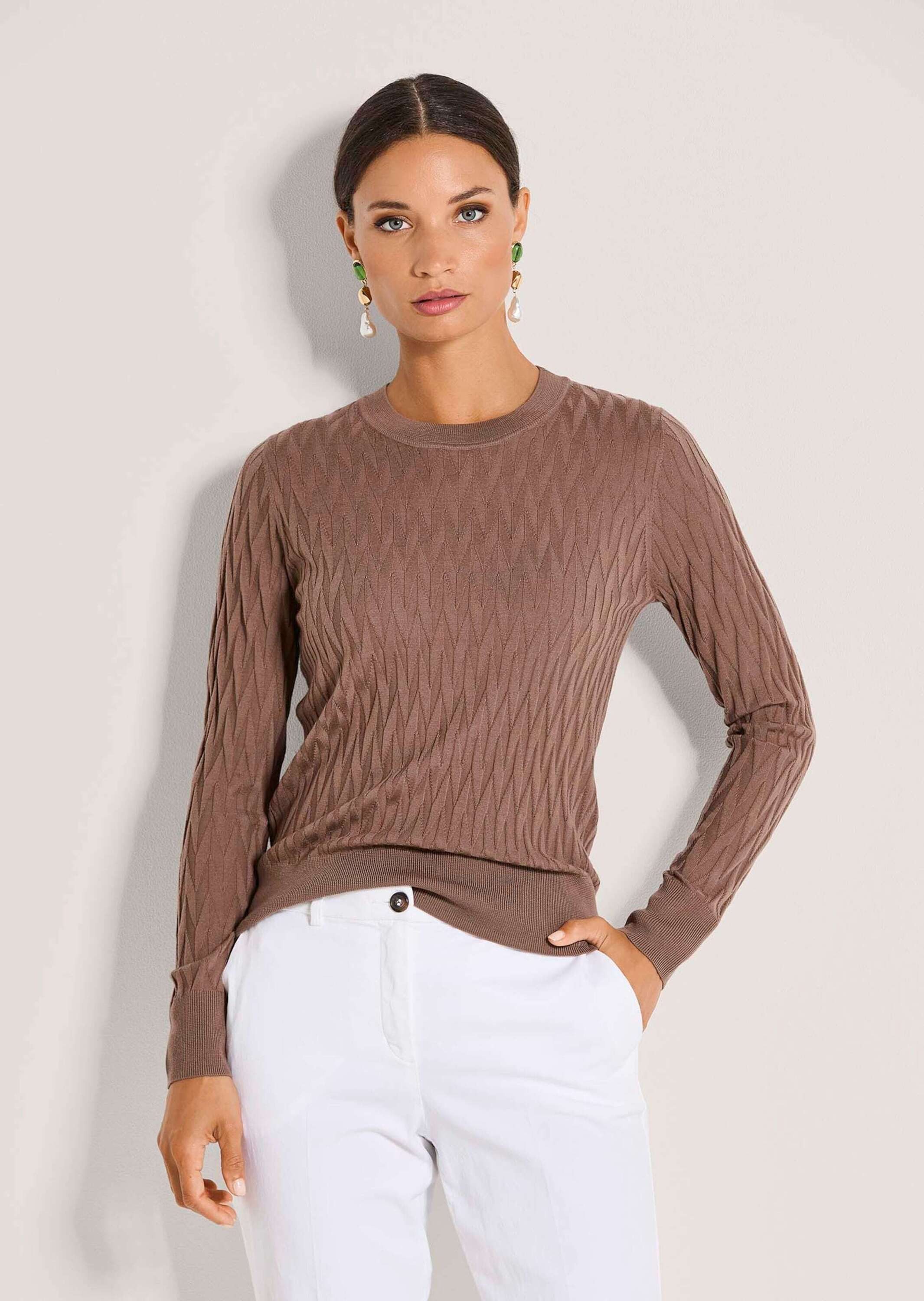 MADELEINE Strickpullover Wollpullover mit grafischem Muster Strukturpullover mit Rundhals, gerippten Abschlüssen und Langarm