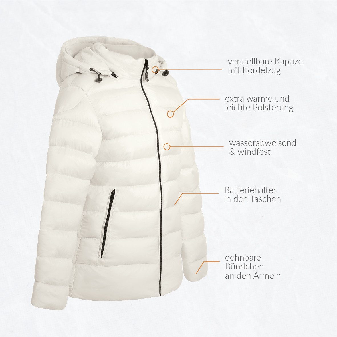 30seven Winterjacke beheizte Steppjacke mit verstellbarer Kapuze - Taupe 7,4V Set inkl. Powerbank & Ladegerät