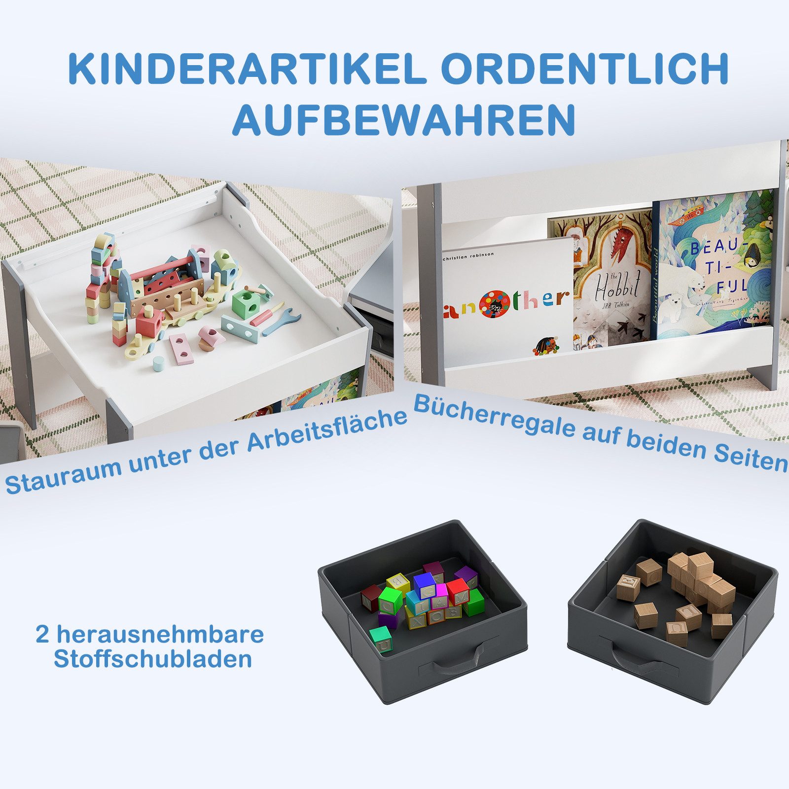 COSTWAY Kindersitzgruppe, (3-tlg), 4-in-1 Kindertisch mit 2 Stühlen, Stauraum