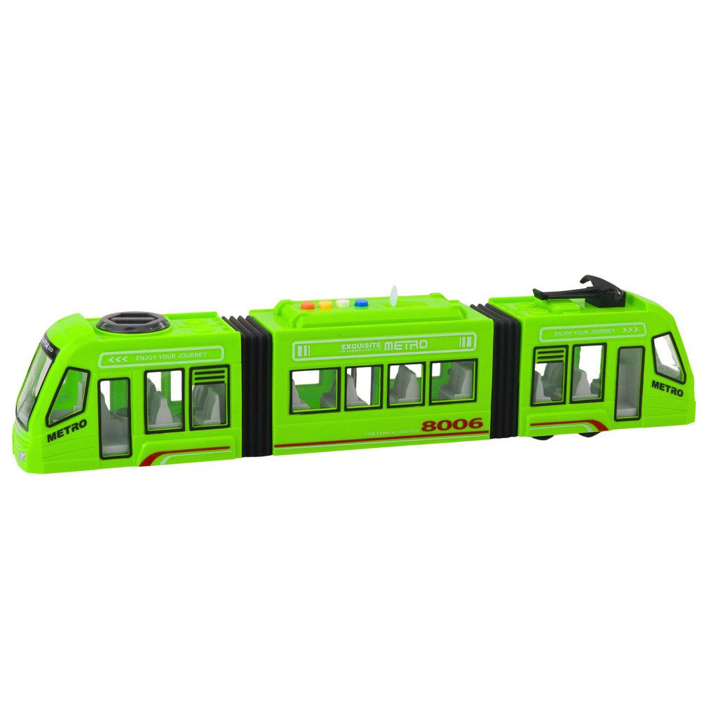 LEAN TOYS Spielzeug-Straßenbahn Straßenbahnmodell Stadtbahn Gelenkzug, (Spar-Set, 1-tlg., 41 x 8,5 x 6,5 cm grün), Licht- und Geräuscheffekte, Türen zum Öffnen, 1:16