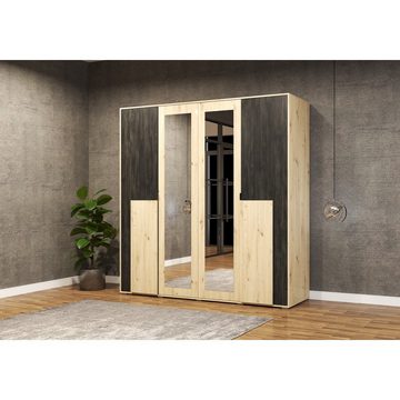 MOEBLO Drehtürenschrank MALEZJA (mit Spiegel, Kleiderschrank 4-türig Schrank Garderobe Schlafzimmer) (H x B x T):203x200x65cm