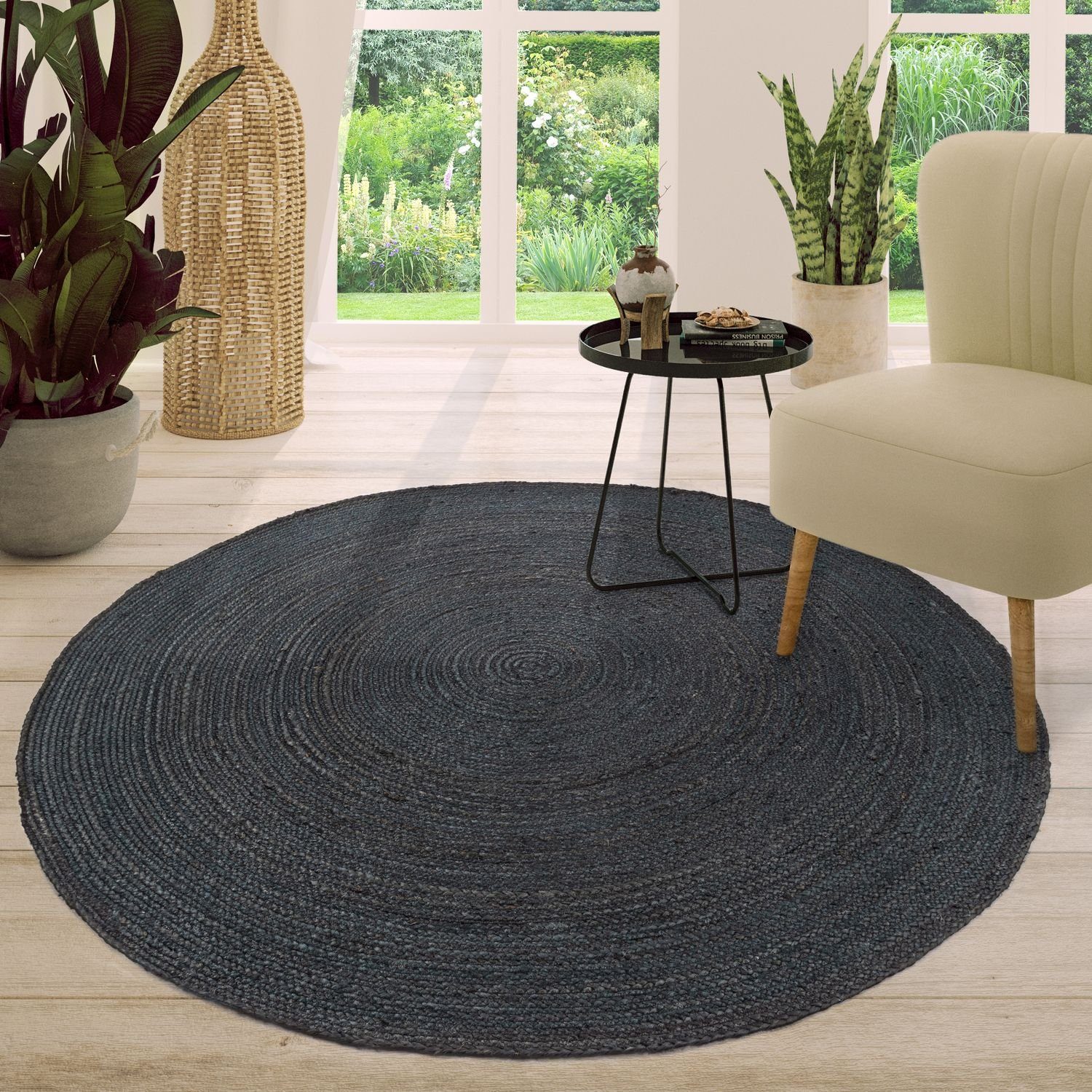 Teppich Wohnzimmer Teppich Jute Rund Modern Boho, TT Home, rund, Höhe: 9 mm