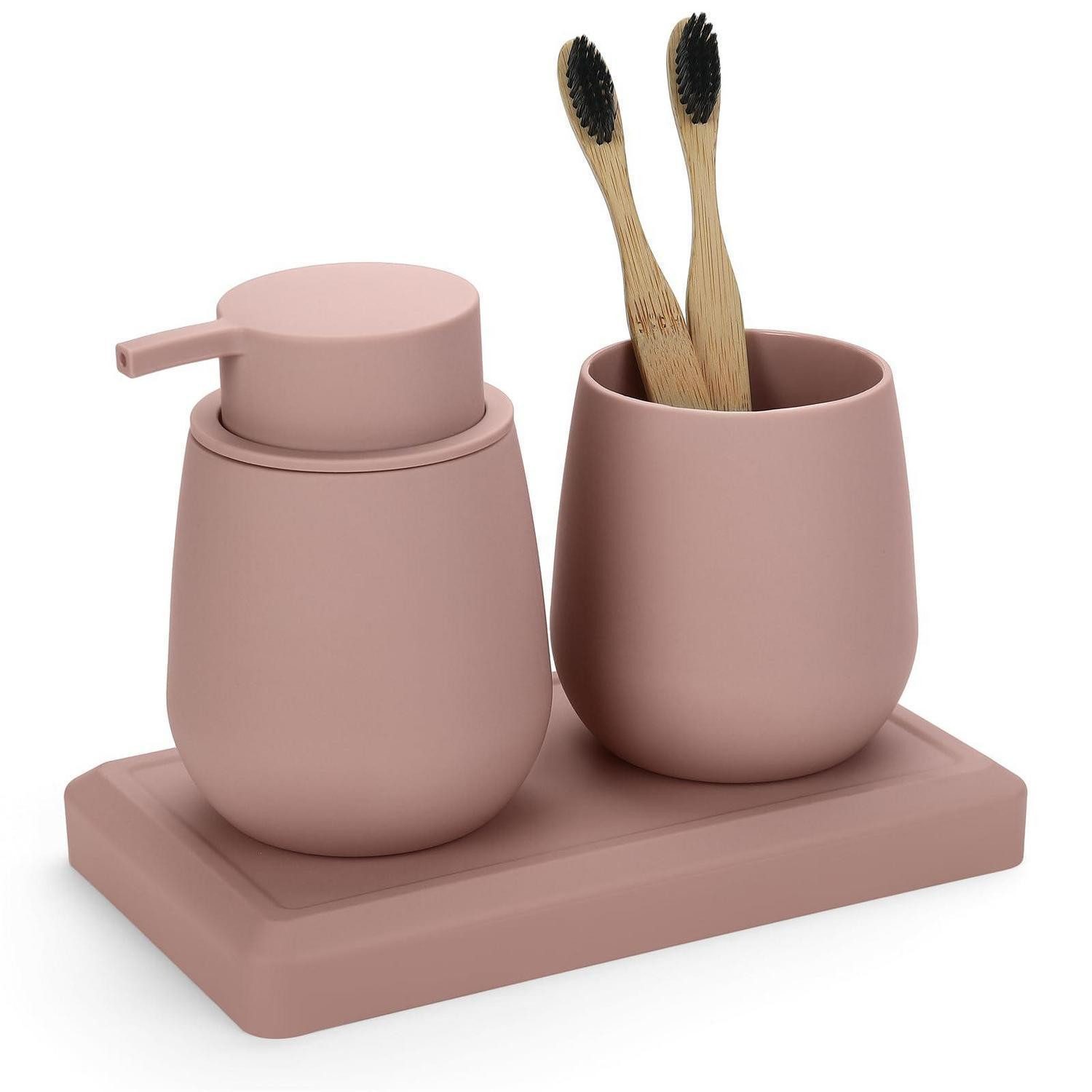 LuxusKollektion Zahnputzbecher Badezimmer Set 3tlg. Rosa Seifenspender Zahnputzbecher, (1-St)