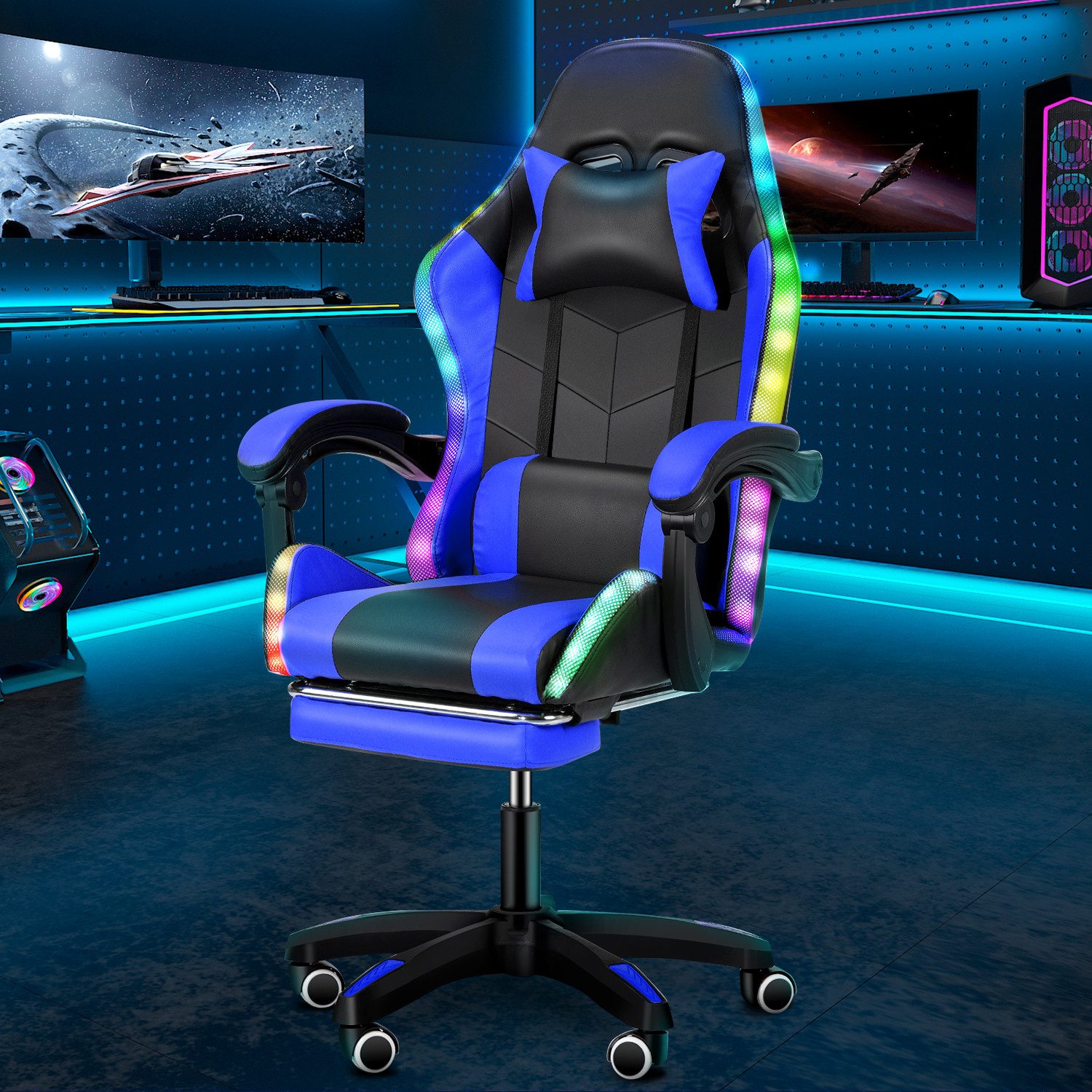 WILGOON Gaming Chair Gaming-Stuhl mit LED, Höhenverstellbar Ergonomisch Bürostuhl, Gaming Chair mit Kopfkissen Lendenkissen, Gamer-Stuhl für Erwachsene