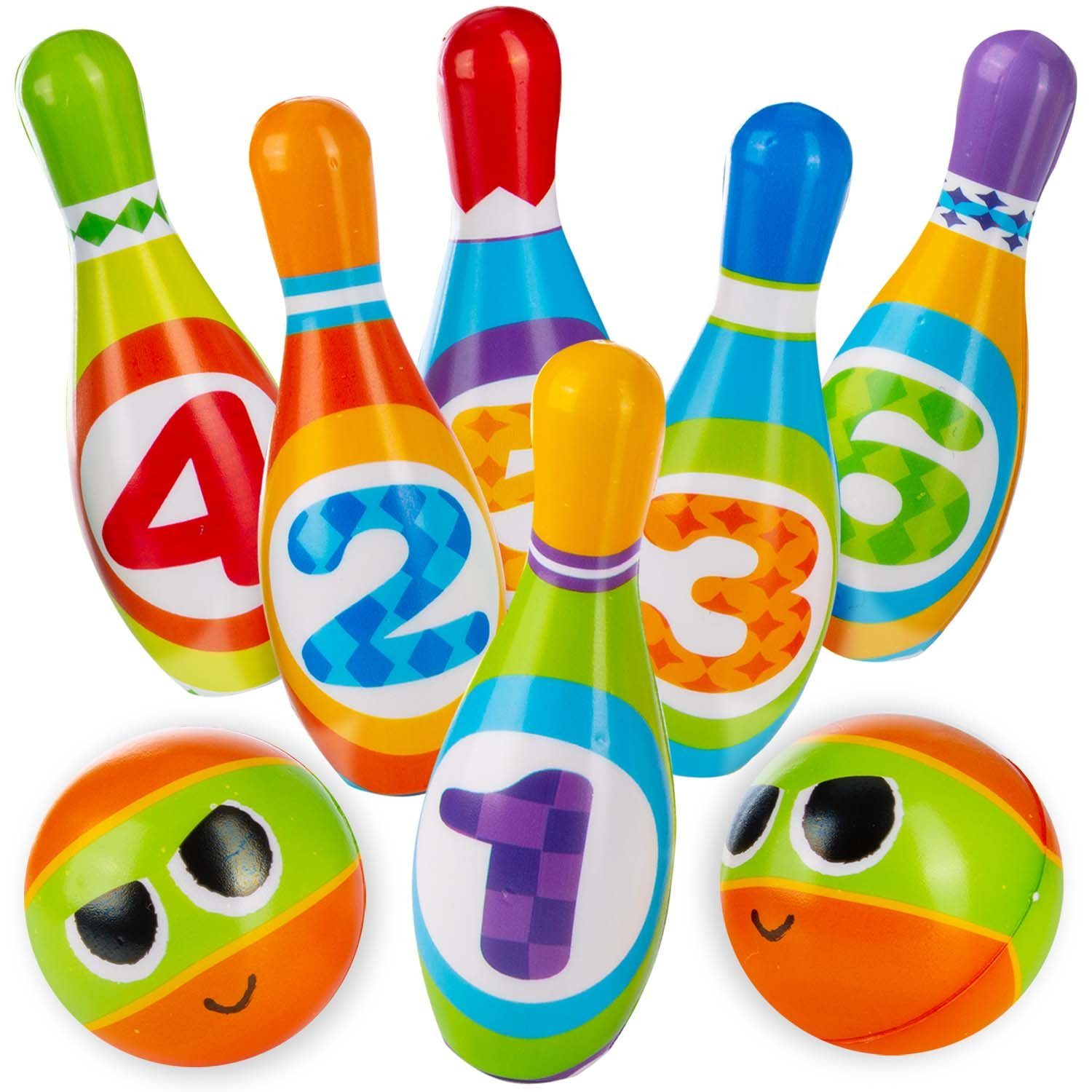 Kegelspiel für Kinder Bowling Set XXL mit 10 weichen PU Spielzeug Kegeln 2 Bälle