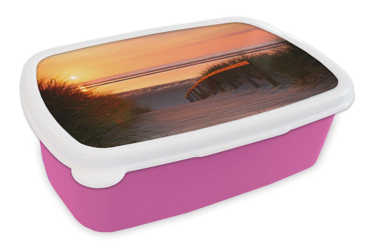 Brotdose Erwachsene, für Brotbox rosa Sonne Mädchen, Kunststoff Farben, Strand - Snackbox, Kinder, MuchoWow (2-tlg), - Kunststoff, Lunchbox
