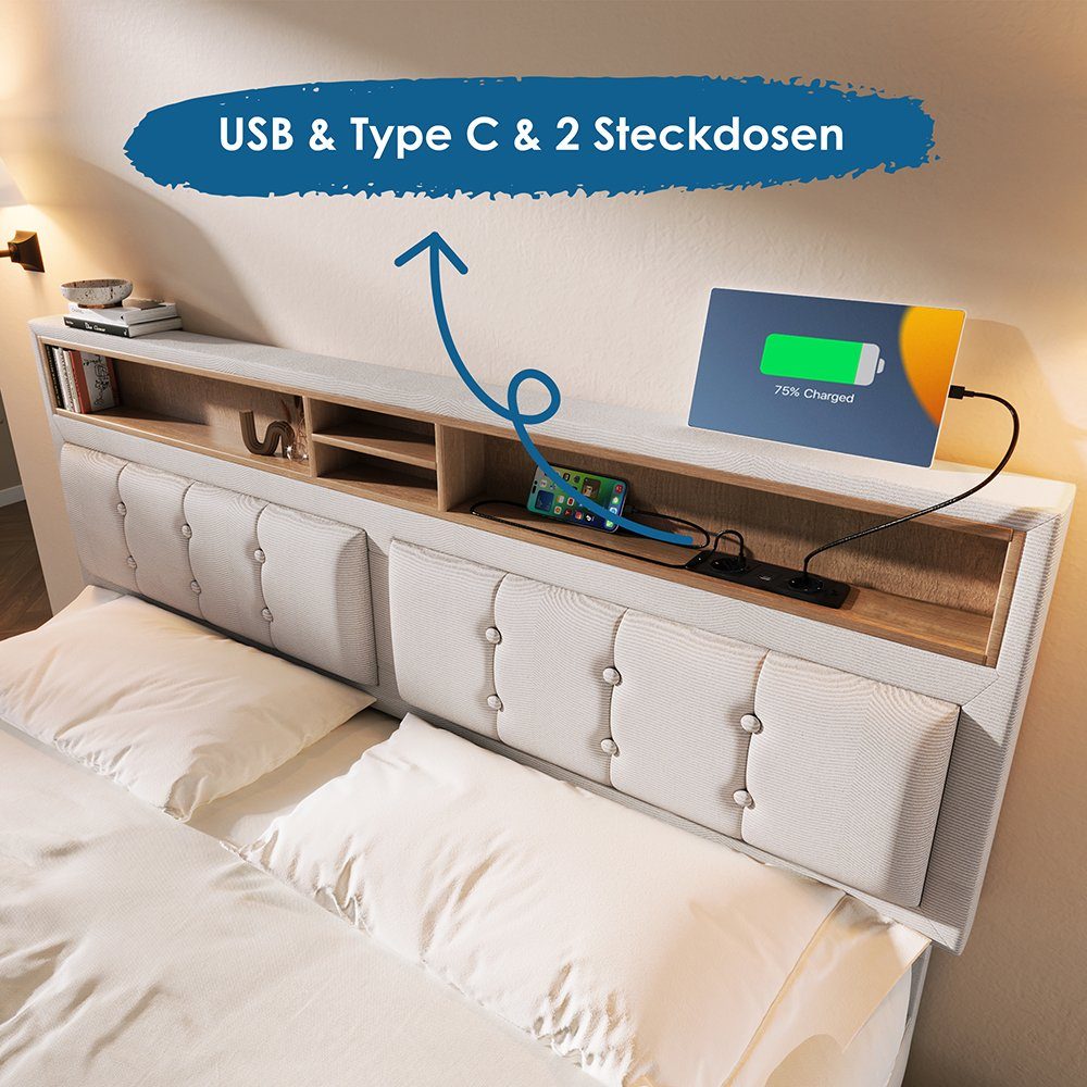 Polsterbett (Hydraulisches Stauraumbett mit Lattenrost und Matratze), Doppelbett 140x200cm mit USB Typ C Ladefunktion Kopfteil, Leinen