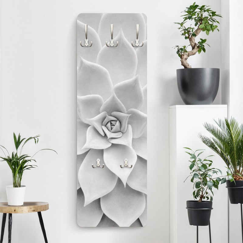 Bilderdepot24 Garderobenpaneel schwarz-weiß Blumen Floral Botanik Tropisch Kaktus Sukkulente (ausgefallenes Flur Wandpaneel mit Garderobenhaken Kleiderhaken hängend), moderne Wandgarderobe - Flurgarderobe im schmalen Hakenpaneel Design