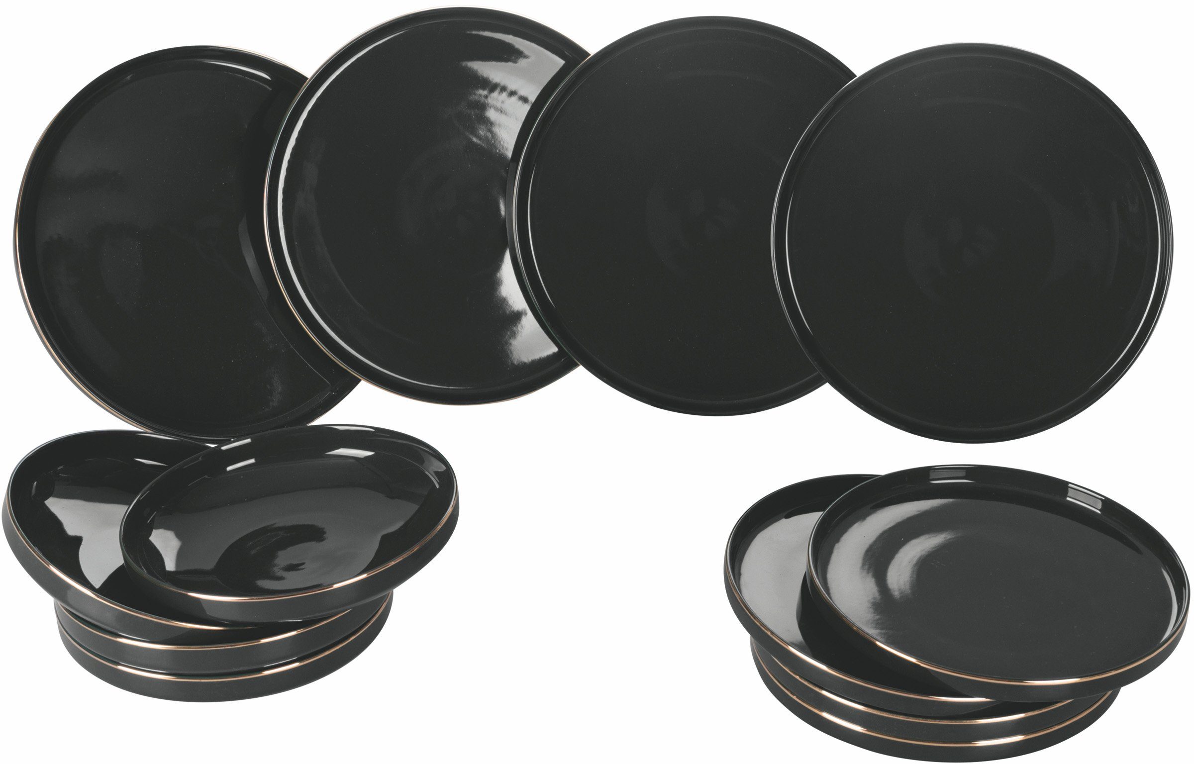 Villa d'Este Teller-Set Geschirr-Set Luxury Black (12-tlg), 4 Personen,  Fine China-Porzellan, Service, Tafelservice, mit Goldrand, 12 Teile, für 4  Personen