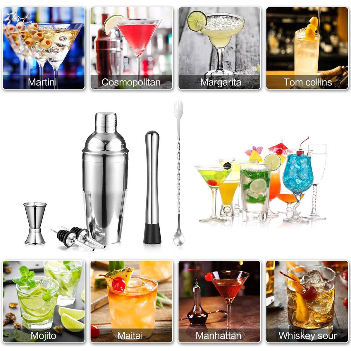 Faizee Möbel Cocktail Shaker Cocktail-Set, Cocktail-Shaker, Shaker-Set, 7-tlg SilberbBar Zubehör, Edelstahl, (7-tlg)