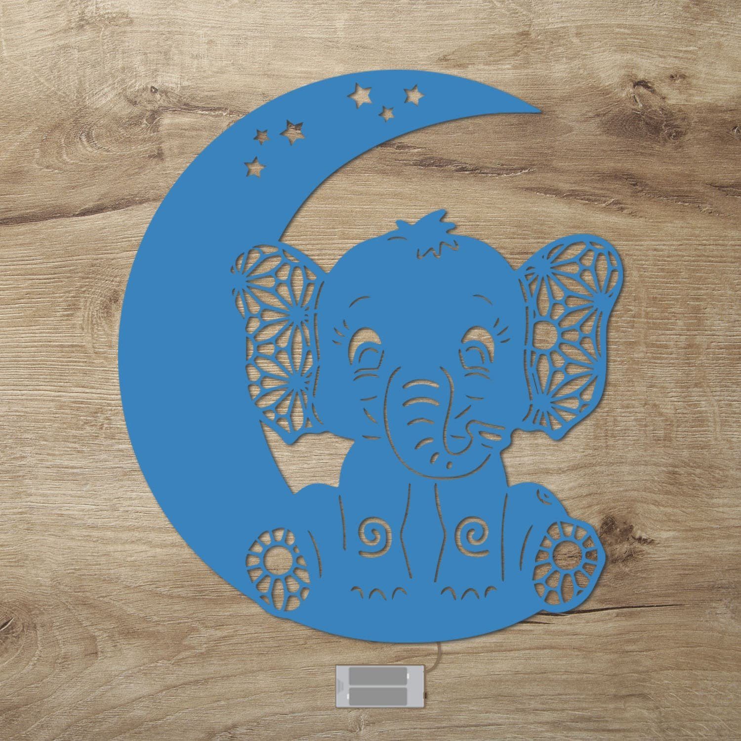 Namofactur LED Nachtlicht Elefant auf Mond - Schlaflicht mit Elefanten Motiv für Kleinkinder, Ohne Zugschalter, LED fest integriert, Warmweiß, Wanddekoobjekt Kinderzimmer Leuchte batteriebetrieben Hellblau
