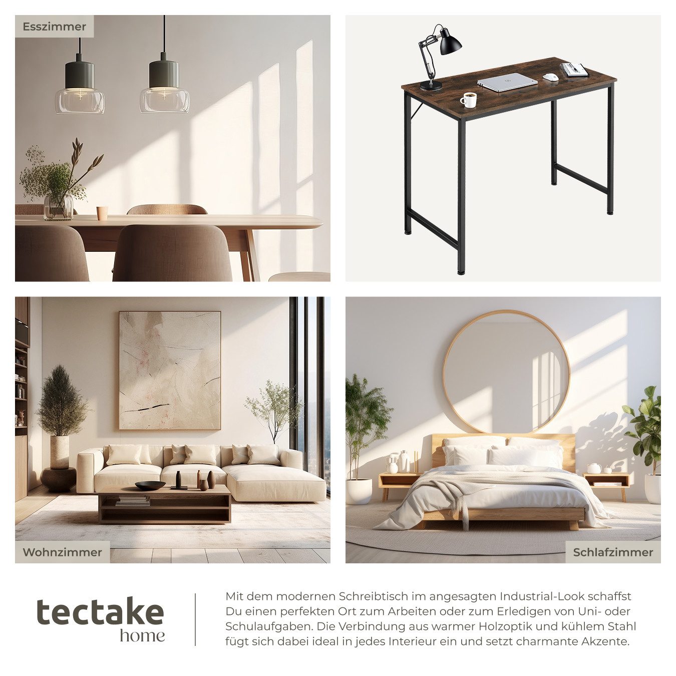 tectake Schreibtisch Bürotisch aus Holz und Stahl, Höhe 75,5 cm (Arbeitstisch Jenkins, 1-St., in Industrial Holz dunkel, rustikal), große Beinfreiheit, mit höhe – Bild 5 von 5