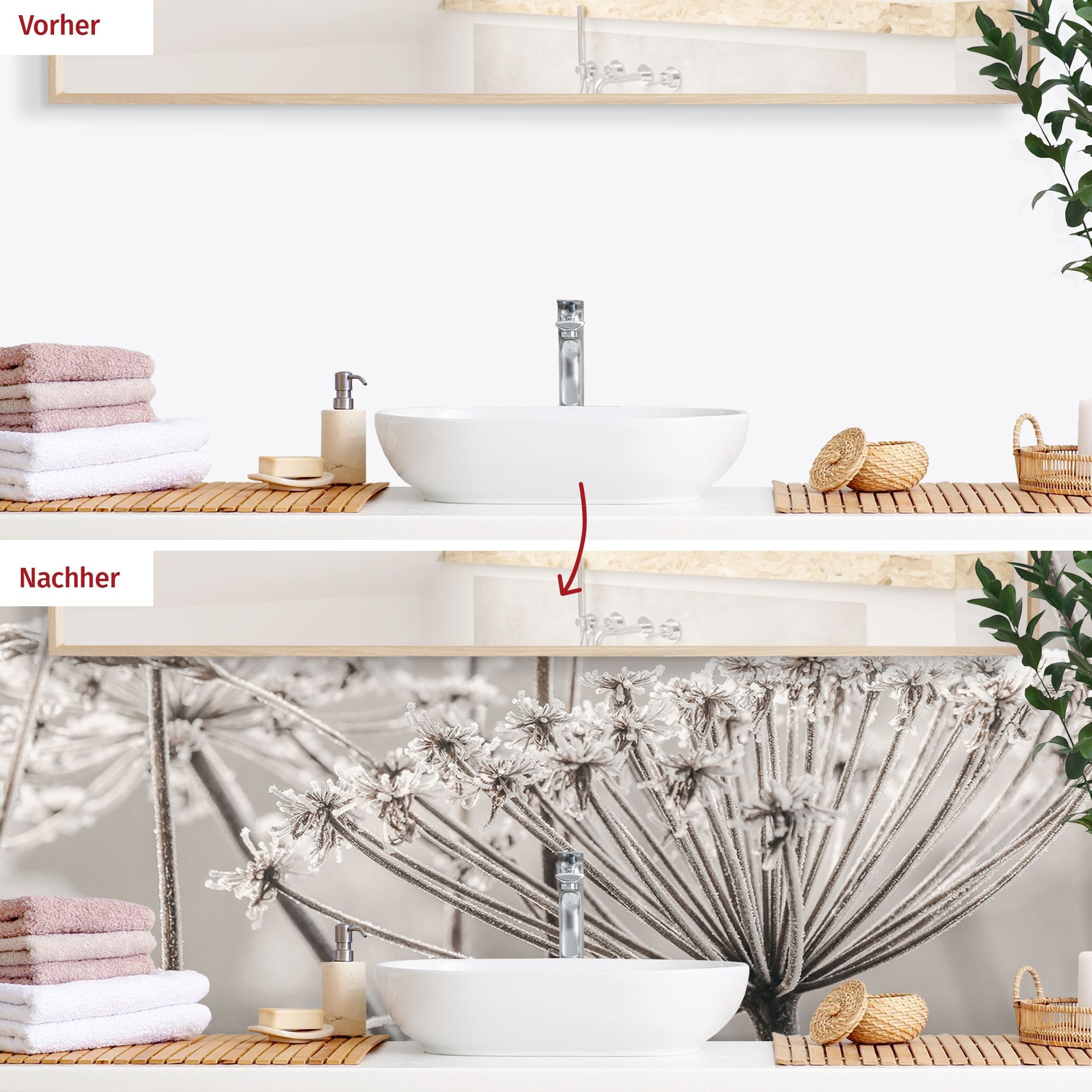 Bilderdepot24 Badrückwand beige fugenlose Wandverkleidung Bad Landhaus, (Hartfolie matt » Selbstklebend SMART 0,35 mm), wasserfestes Wandpaneel Doldenblüten Frost