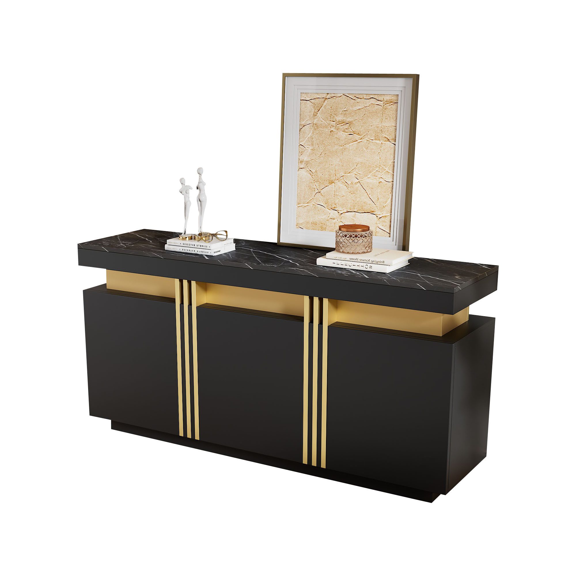 Merax Sideboard Aufbewahrungsschrank Anrichte mit Marmoroptik (1 St., 140x38x70cm), Kommode mit 3 Türen, verstellbaren Einlegeböden & Platin-Akzenten