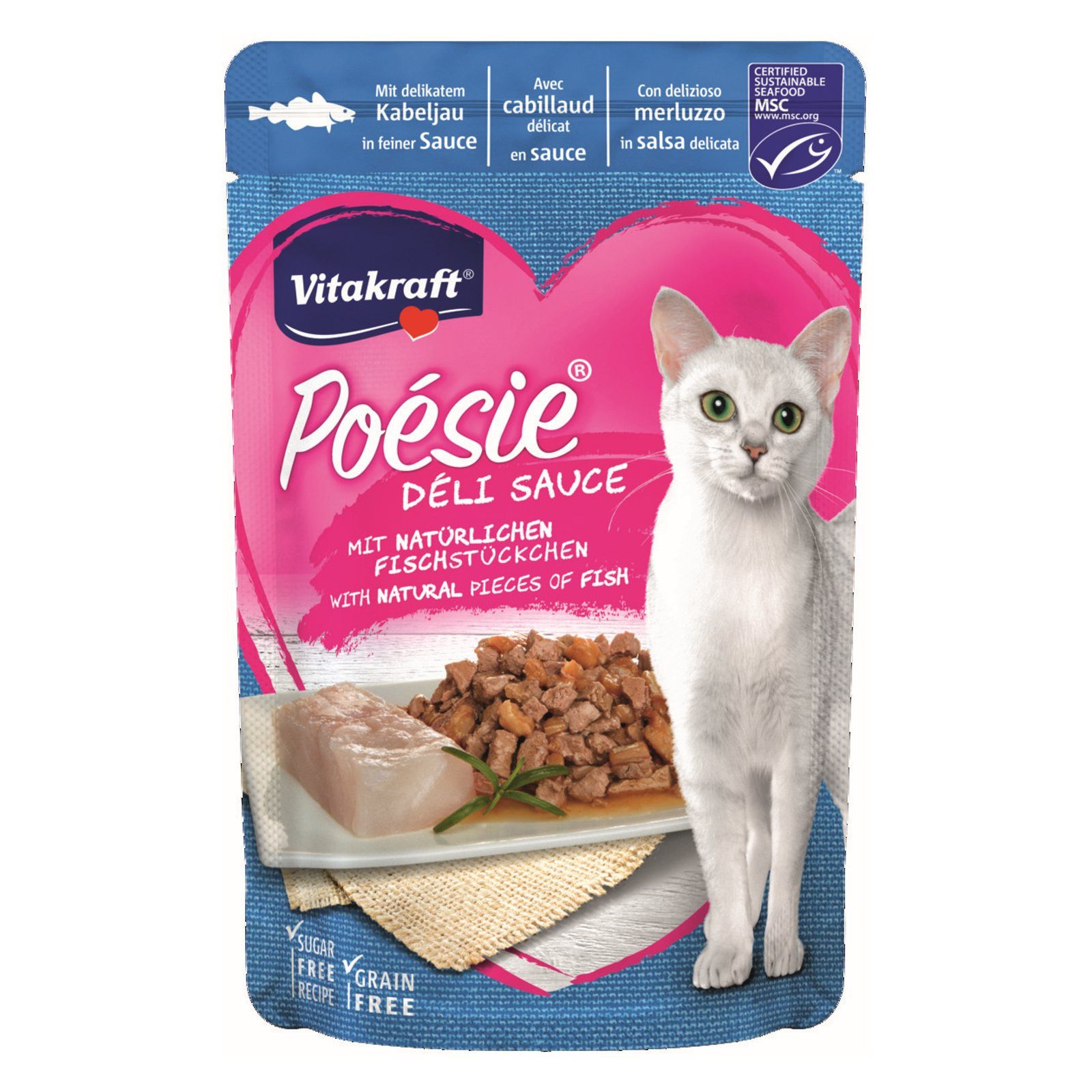 Vitakraft Katzenfutter Poesie DeliSauce, Kabeljau, 23 Beutel, Nassfutter für: Katzen