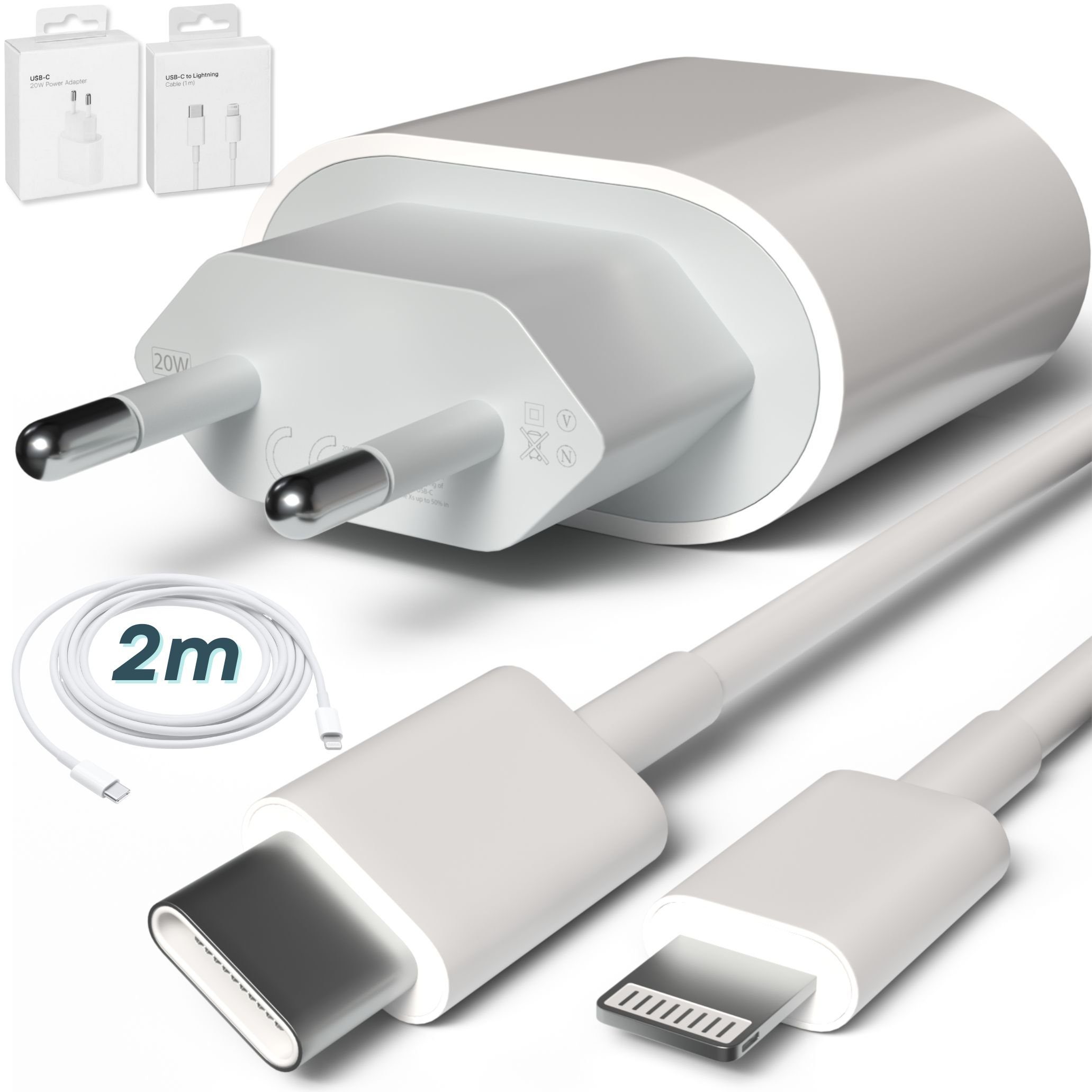 GreenHec Ladegerät Power Adapter + Ladekabel für Apple iPhone 14 13 12 11  SE USB-Ladegerät (20W 2m Lightning Datenkabel, Schnellladekabel, Charger,  Netzteil)