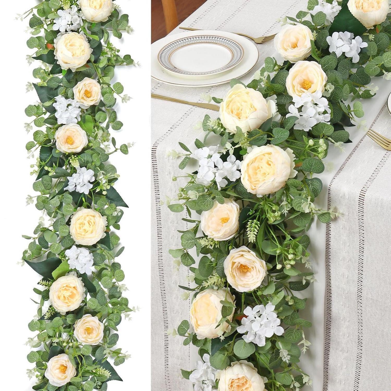 Kunstgirlande Künstliche Girlande Eukalyptus Pfingstrosen Champagner Weiss, LuxusKollektion, Höhe 5 cm