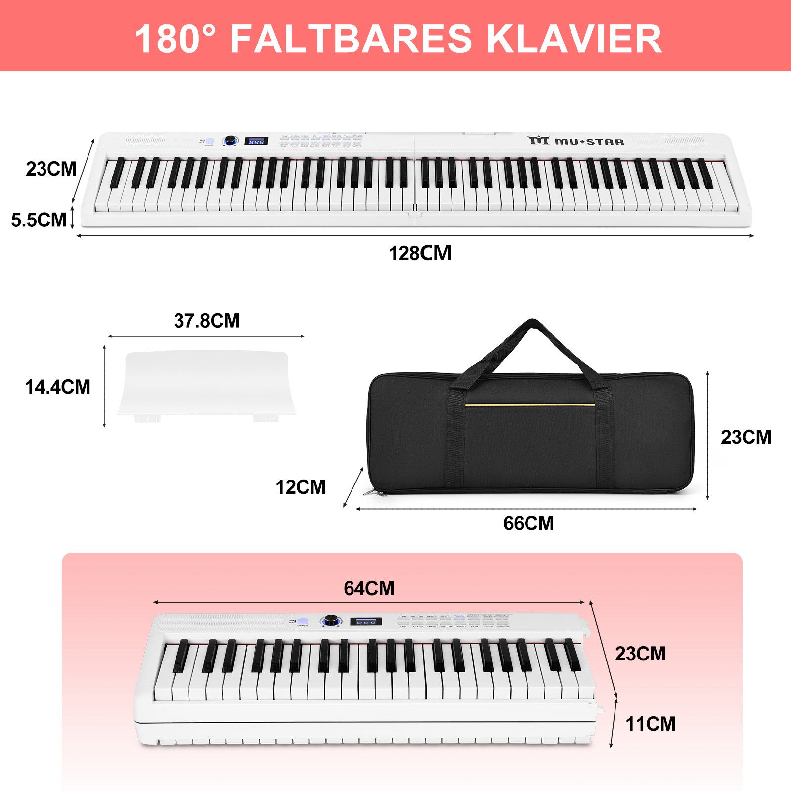 MUSTAR Digitalpiano 88 Tasten Faltbares Klavier mit Beleuchteter Tasten (1-St., mit Bluetooth, MIDI, Sustain Pedal, Kopfhörer für Anfänger), Halbgewichtige Digital Piano, Tragbares E-piano