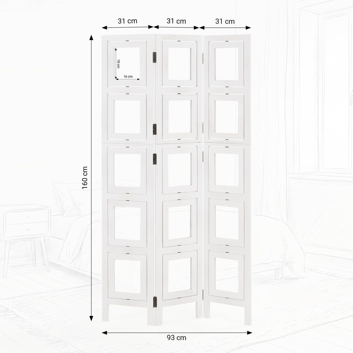 Homestyle4u Paravent Raumteiler Holz Trennwand Fotowand Indoor Sichtschutz faltbar Fotos (3-teilig), Weiß, Einzelelemente 360 Grad drehbar