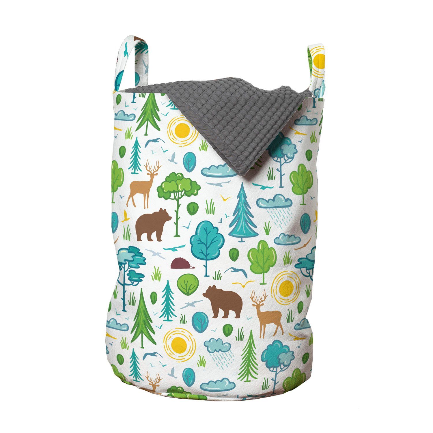 Abakuhaus Wäschesäckchen Wäschekorb mit Griffen Kordelzugverschluss für Waschsalons, Tiere Wald Thema Sonne und Bäume