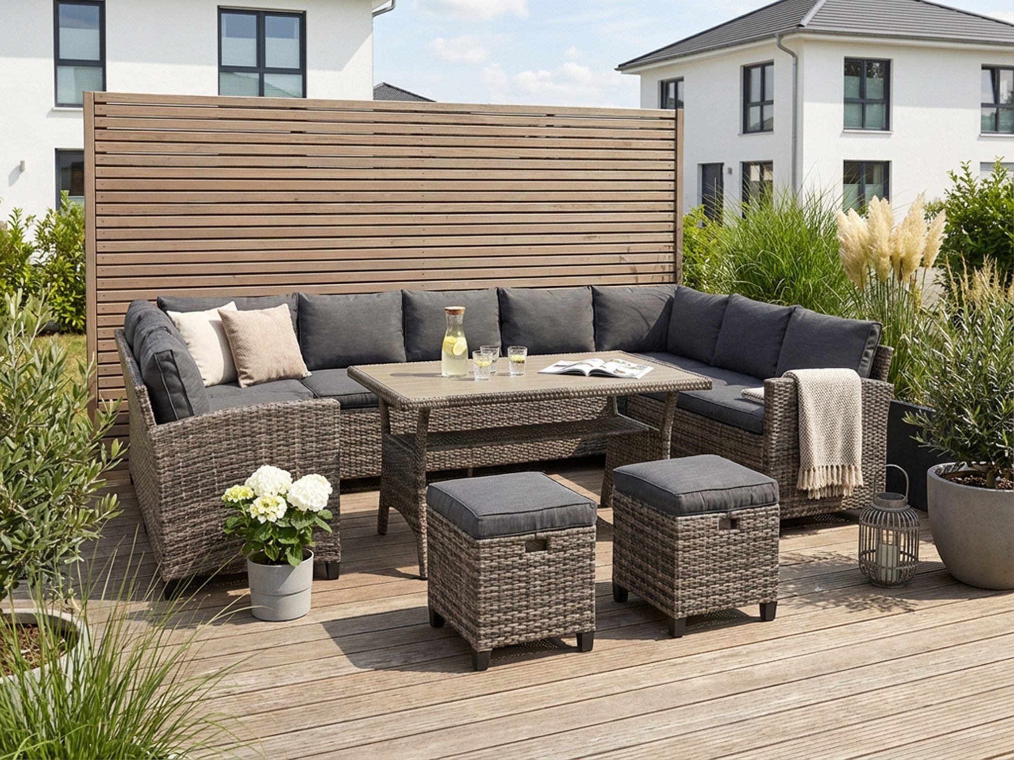 KONIFERA Gartenlounge-Set Rotterdam, (Set, 20-tlg., 3x 3er Sofa, 2x Hocker, 1x Tisch 120x82x67cm, inkl. Auflagen), Polyrattan, Stahl, Tischplatte aus Nonwood