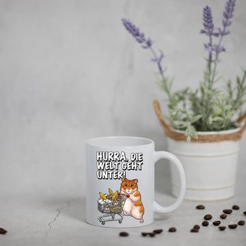 Youth Designz Tasse Hurra, Die Welt Geht Unter Kaffeetasse Geschenk mit lustigem Print, Keramik, mit süßem Hamster Print