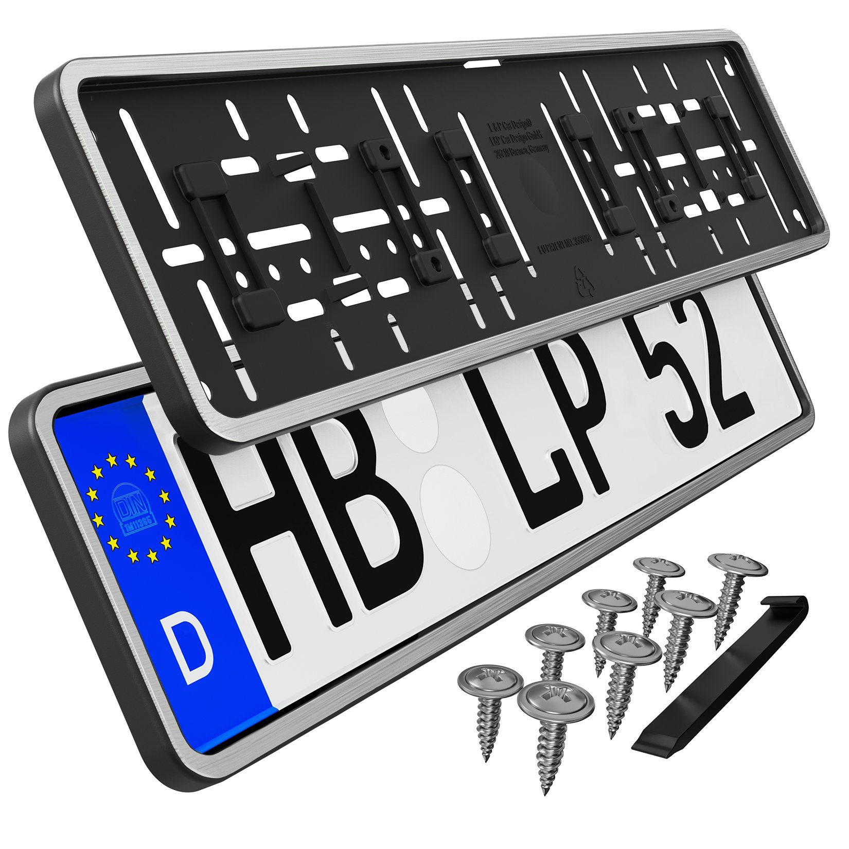 L & P Car Design Kennzeichenhalter für Auto mit umlaufendem Rahmen in Chrom gebürstet, (2 Stück)