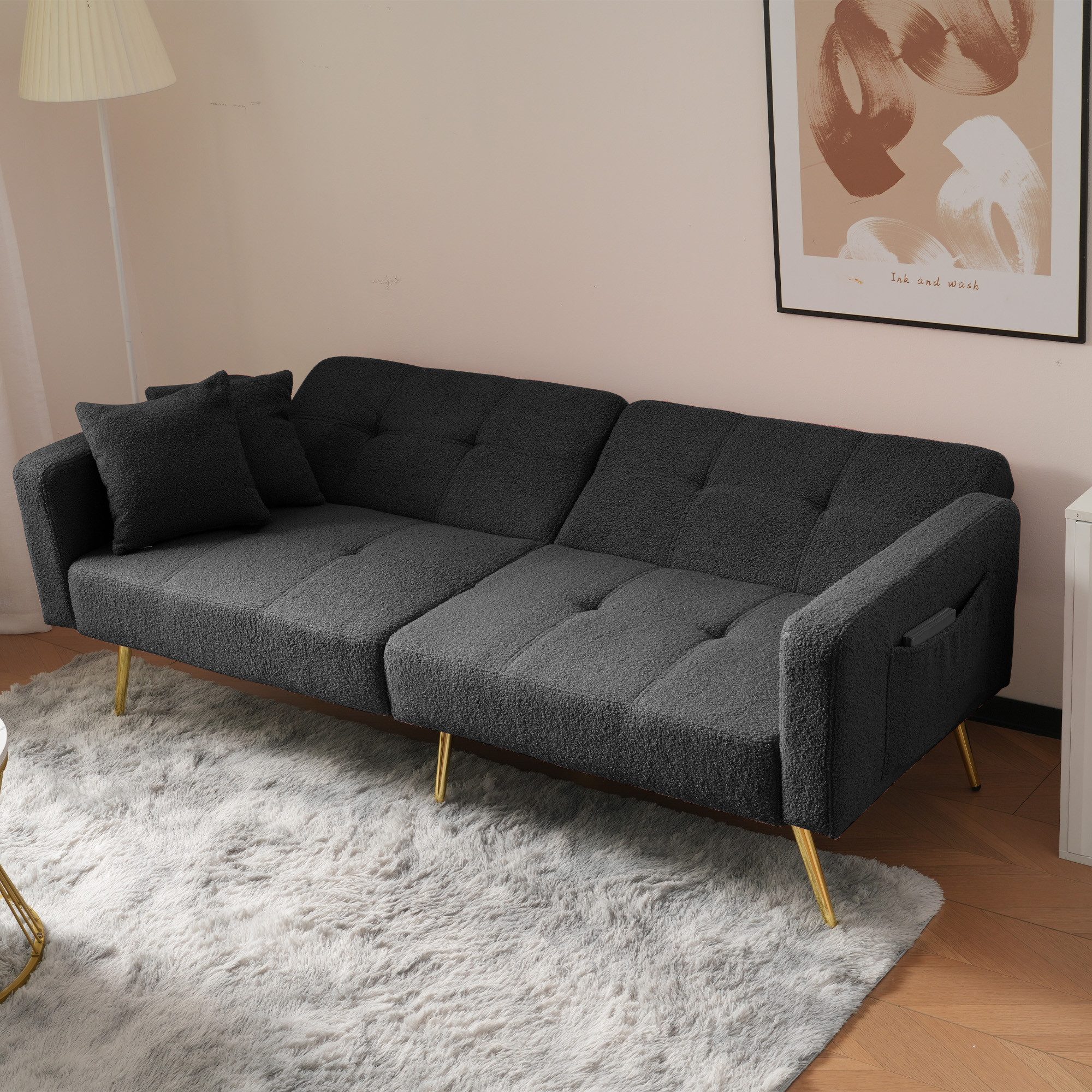 Odikalo Schlafsofa 2-Sitzer Loungesofa Schlafcouch Tagesbett mit Schlaffunktion, mit Bettfunktion verstellbarem Winkel goldenen Beinen mit Kissen und seitlichen Aufbewahrungstaschen