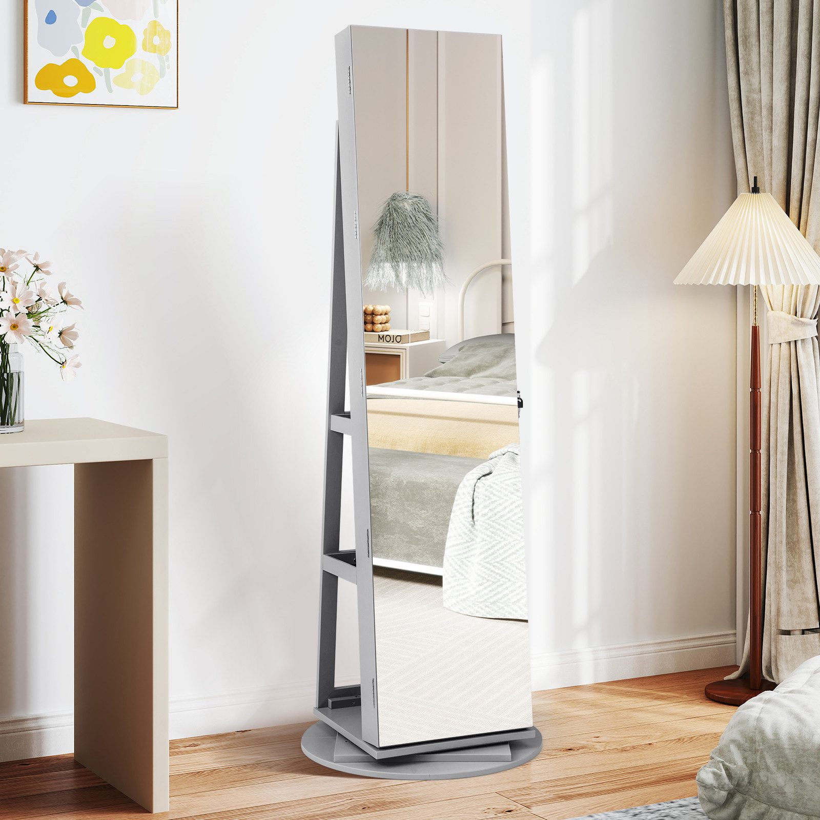 COSTWAY Schmuckschrank mit Ganzkörperspiegel & LED stehend, drehbar, abschl günstig online kaufen