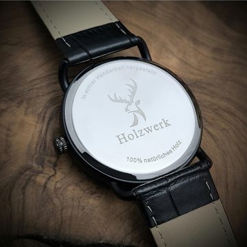 Holzwerk Quarzuhr FICHTENAU Leder & Edelstahl Armbanduhr, Baumblatt, schwarz, oliv grün