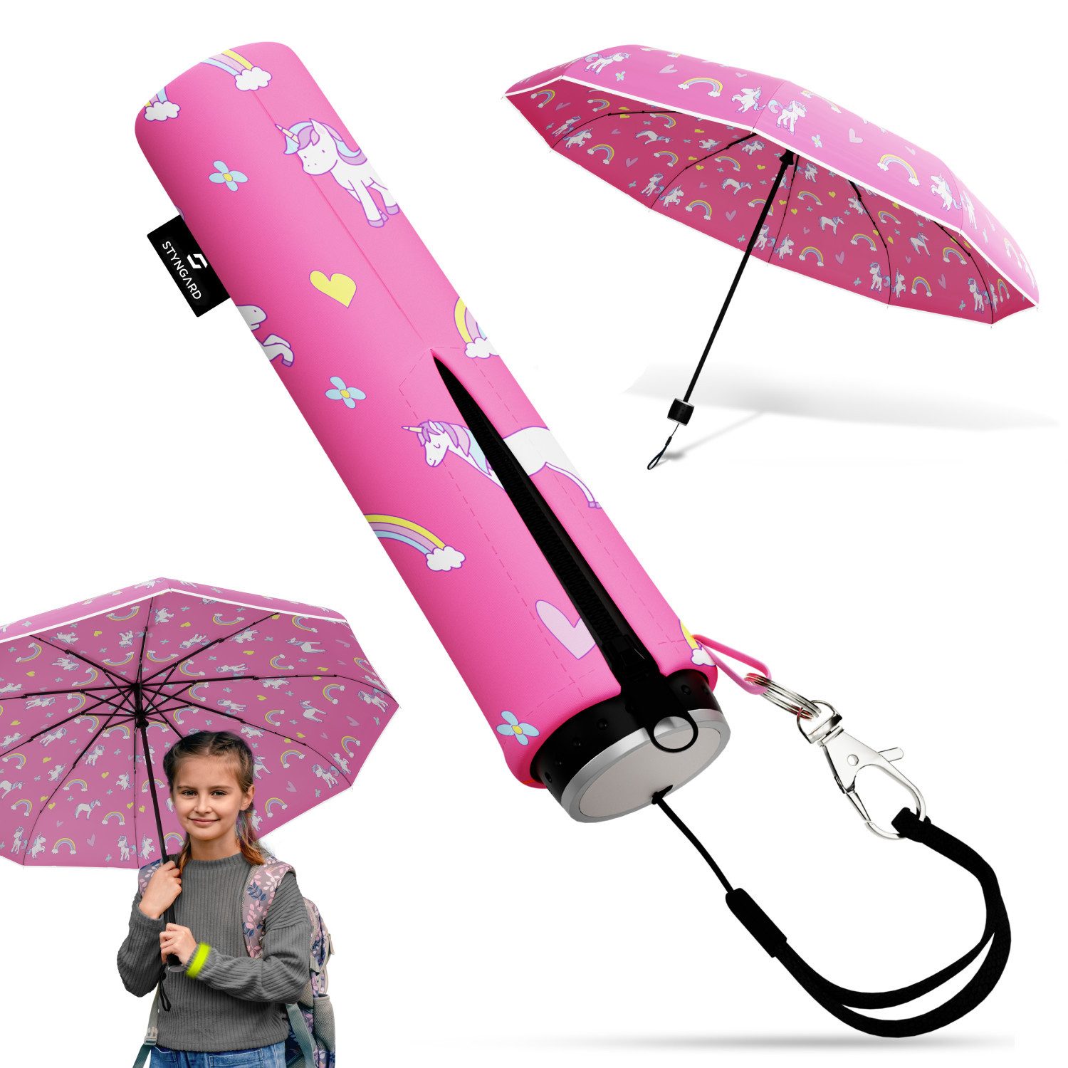 Styngard Taschenregenschirm Stockholm, Kinderregenschirm mit Reflektoren und Klatschband