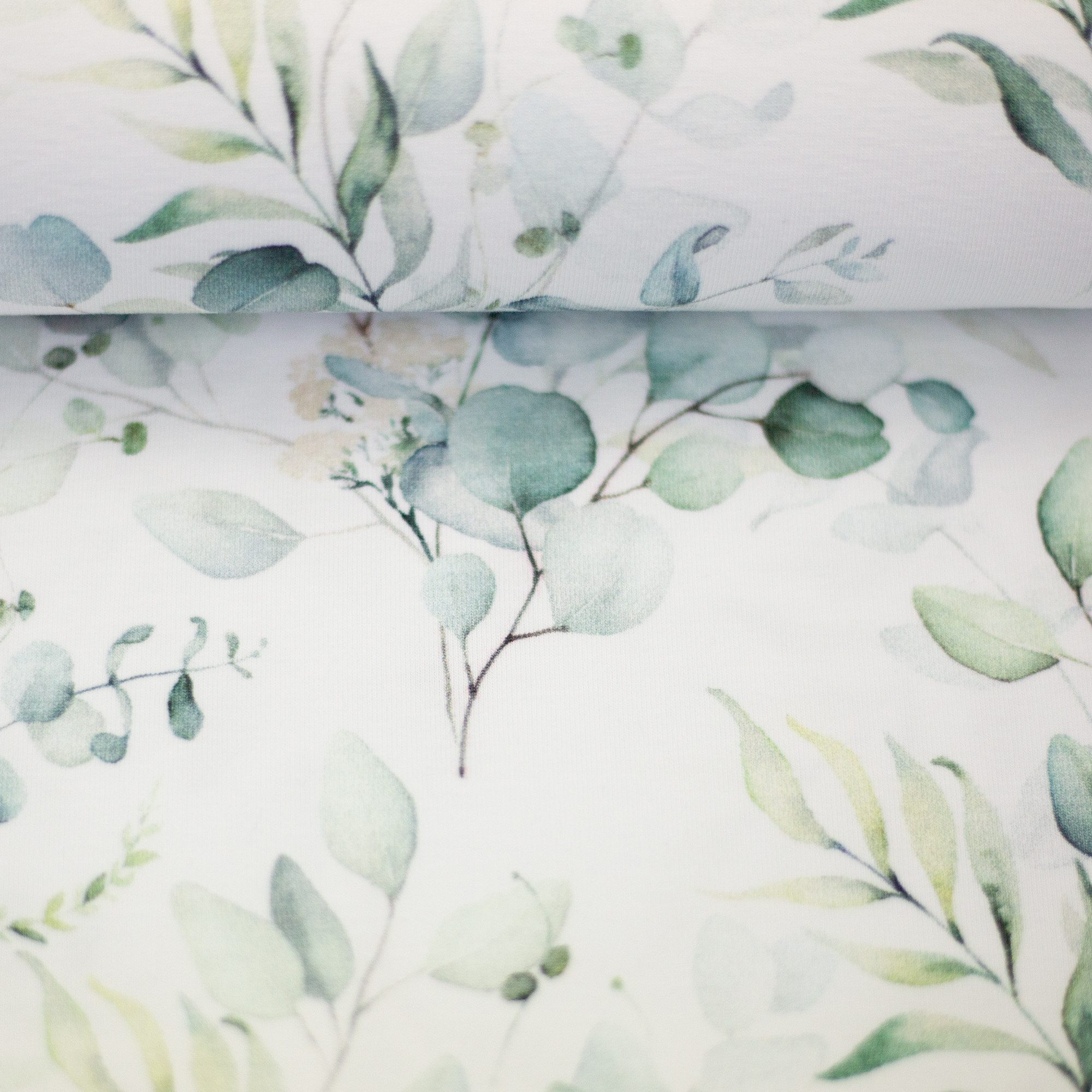 larissastoffe Stoff Jersey Stoff Blumen Swafing Eukalyptus Aquarell Watercolor, naturweiß