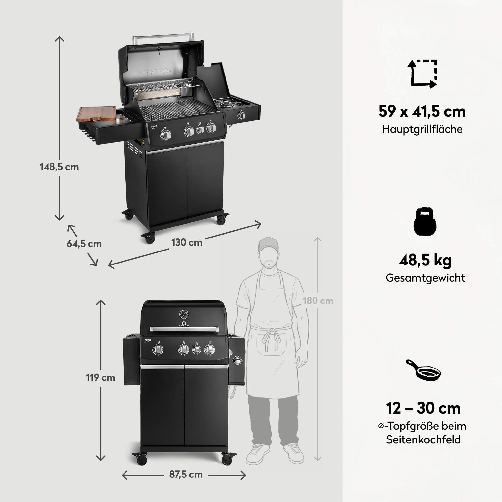 BURNHARD® Gasgrill 3-Brenner 2x Edelstahl-Stabbrenner à 3,75 kW, 1x Infrarot-Keramikbrenner à 3,75 kW, Seitenkochfeld, Edelstahlrost, Piezo-Zündung – FRED Deluxe