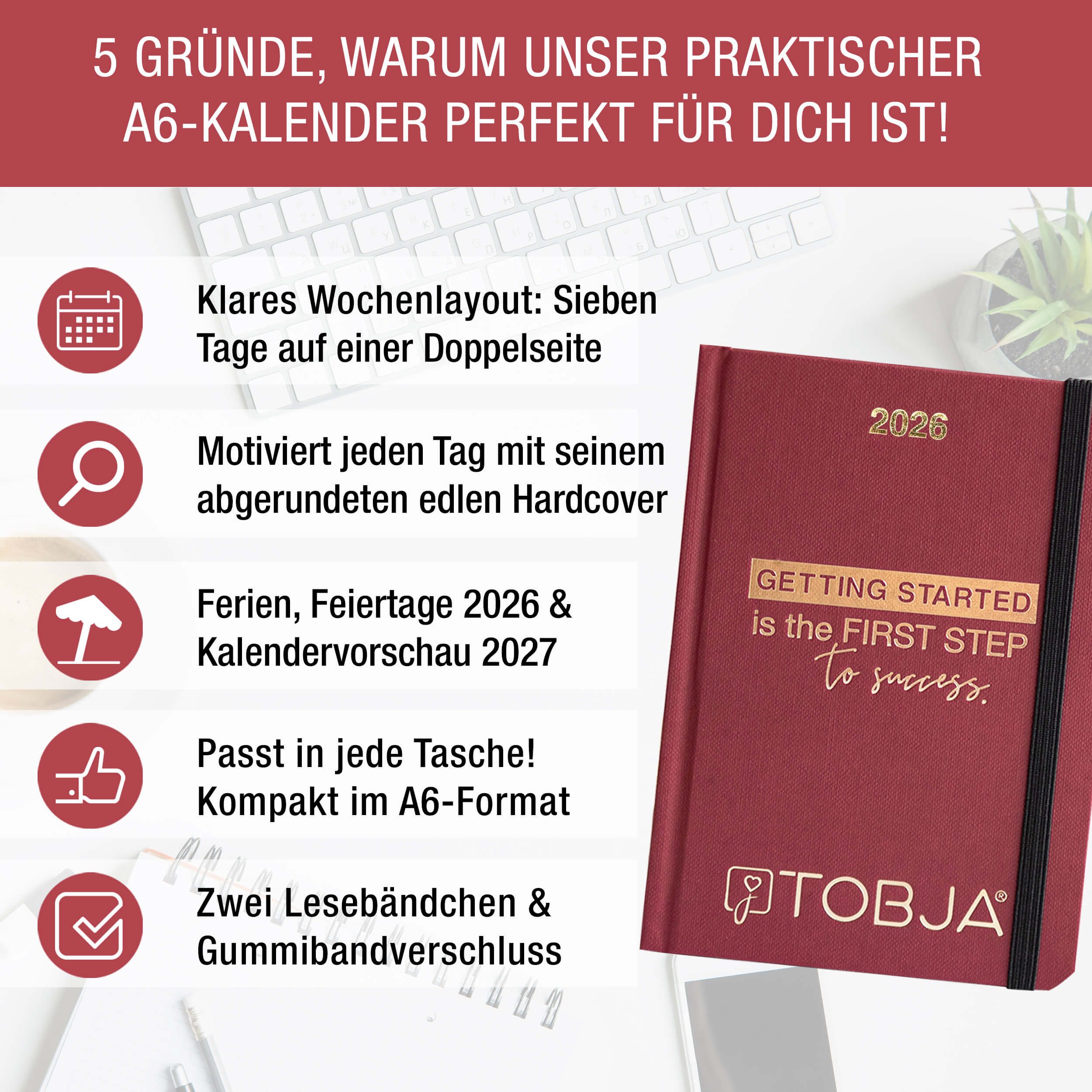 TOBJA Taschenkalender A6 Taschenkalender 2026 Rot, Hardcover, Taschenkalender 2026 klein, Kalender 2026 A6
