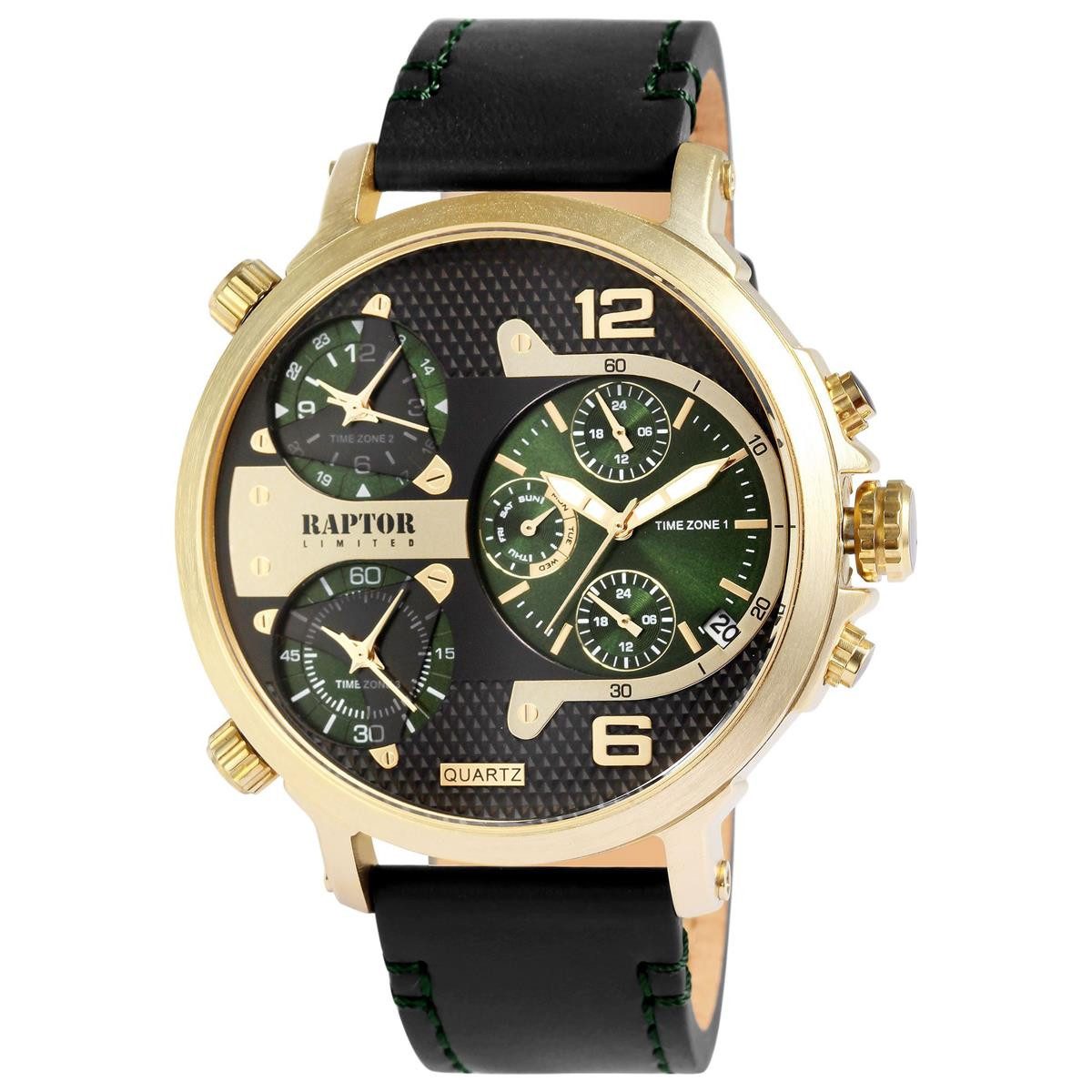 Raptor Multifunktionsuhr Raptor Herrenarmbanduhr RA20130-014 Multifunktion Edelstahl vergoldet, (1-tlg)